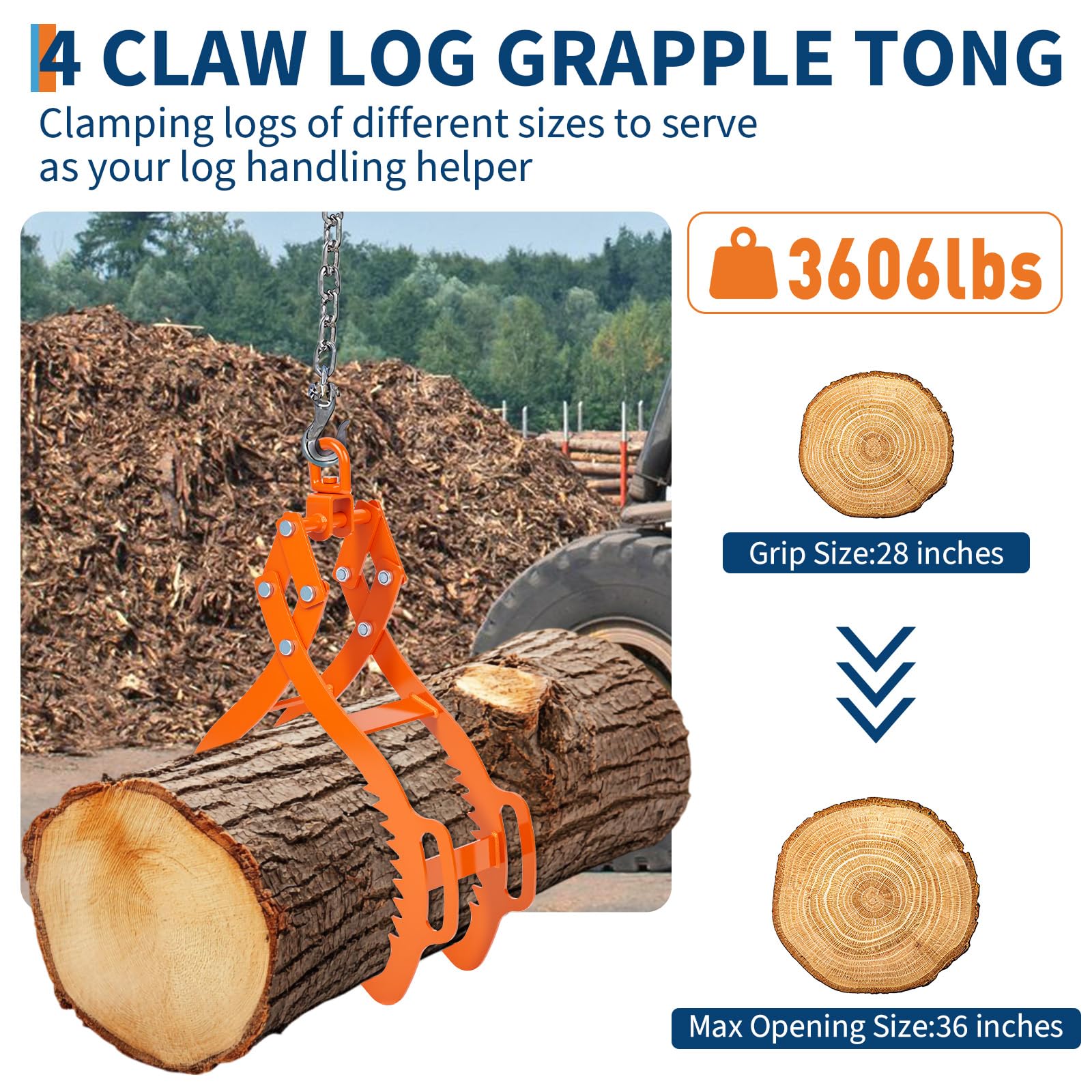 Garvee 36 Inch 4 Claw Timber Claw Hook Log Grapple 3606LB Capacity Serrated Steel Claws Powder-Coated Steel Universal Fit for Tractors Logging
