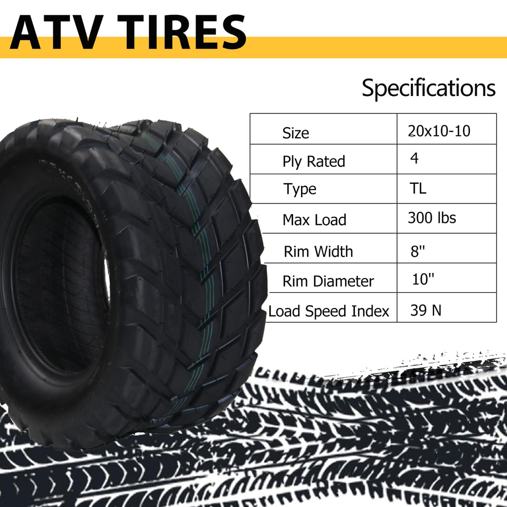 Garvee ATV Tires 20x10-10 4PR All-Terrain Tubeless Nylon Off-Road Traction Mud Sand UTV Trail 2 Pack