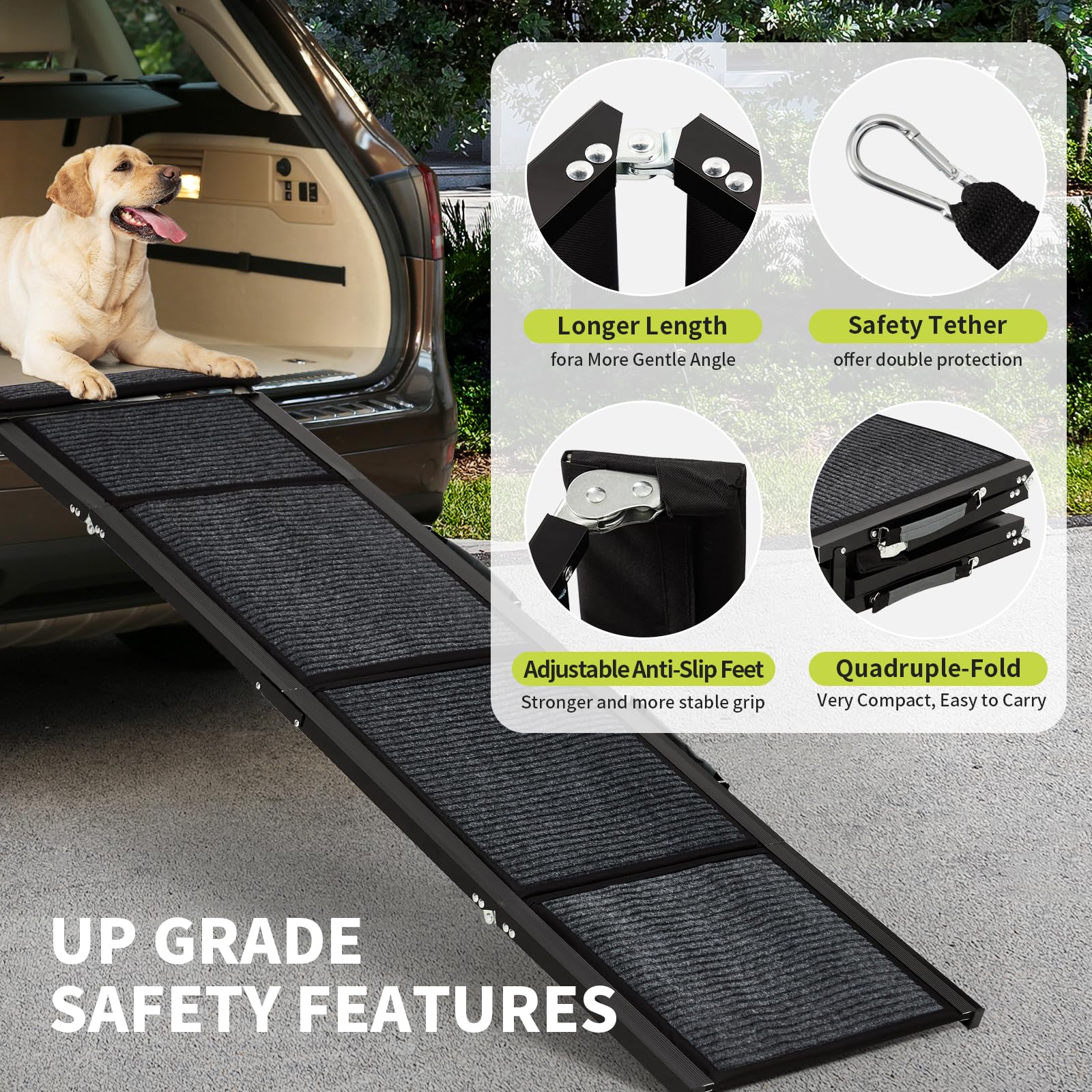 Garvee Heavy Duty Dog Ramp for Cars, 71" x 17" Folding Pet Ramp for Large Dogs with Non-Slip Surface Portable Dog Car Ramp for SUV Car, RVs & Truck, Outdoor Dog Ramp Up to 270 LBS