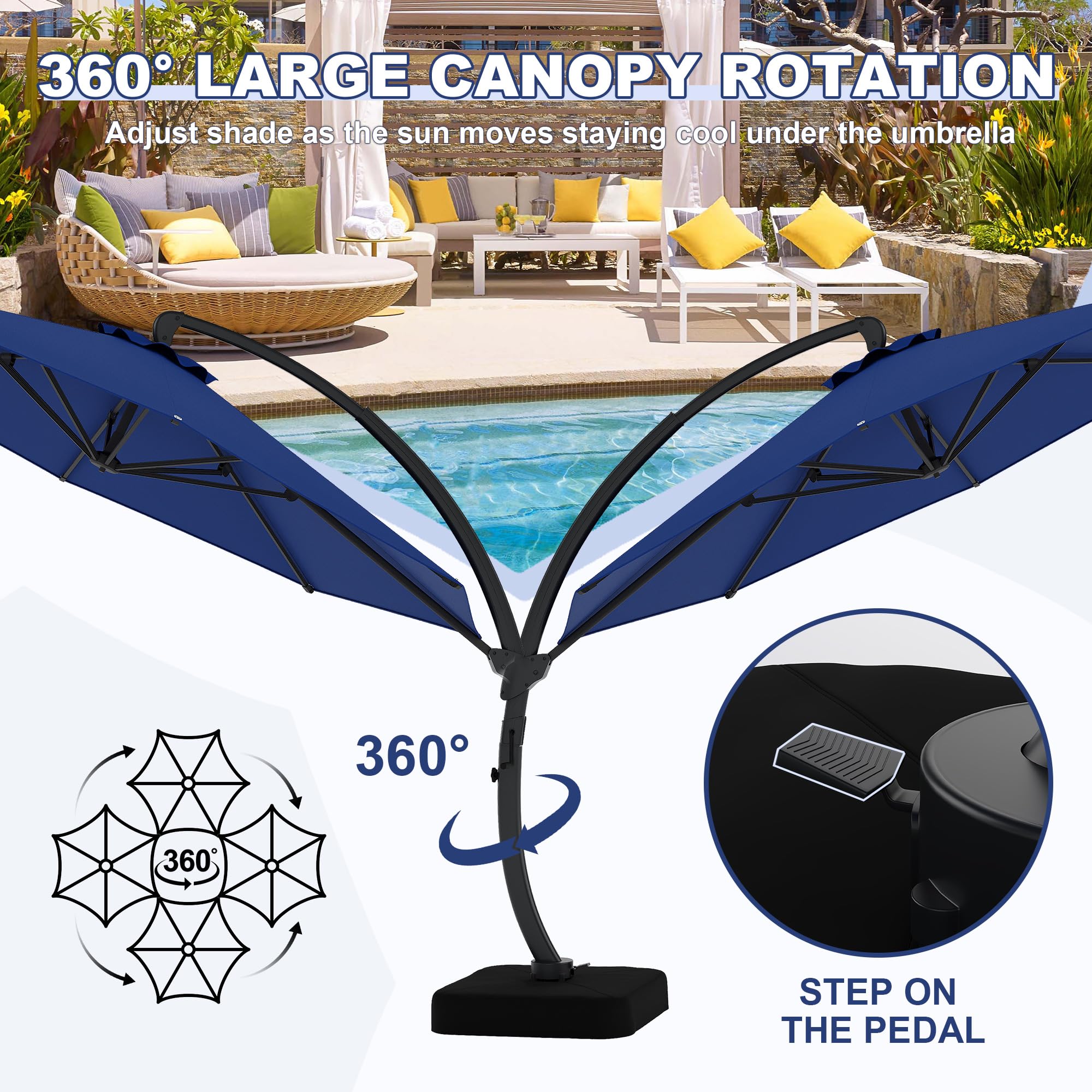 Garvee Large Round Aluminum Offset Umbrella – 360° Rotation, Infinite Tilt, 220g Polyester, Heavy-Duty Rust-Proof Base, Patio Poolside Garden