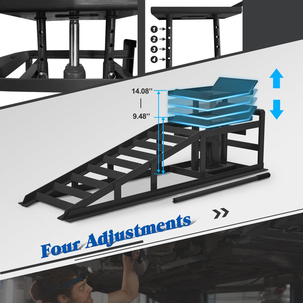 Garvee 2-Pack Hydraulic Car Ramps, 3 Ton Heavy-Duty Steel with Adjustable Height, Wide Incline, and Low Profile for Vehicle Maintenance and Garage Use, Black
