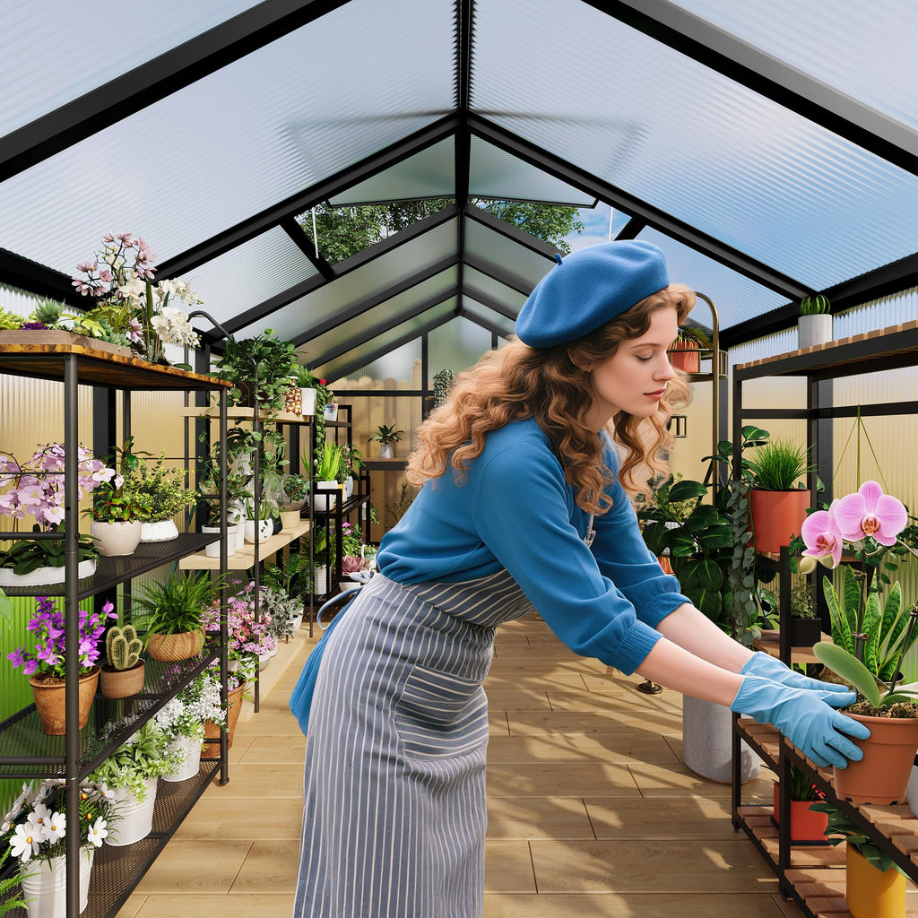 Garvee 8' × 10' Polycarbonate Greenhouse, Walk-In Garden House with Roof Vent, Black