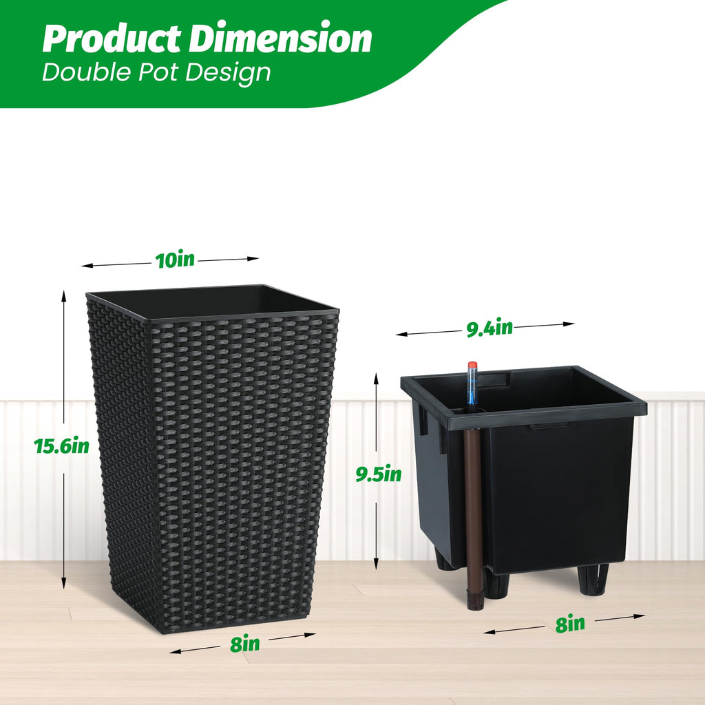 Garvee 16 Inch Tall Rattan Planter Set with Water Level Monitor & Wheels, Durable Plastic, Self-Watering & Drainage, Indoor & Outdoor Use