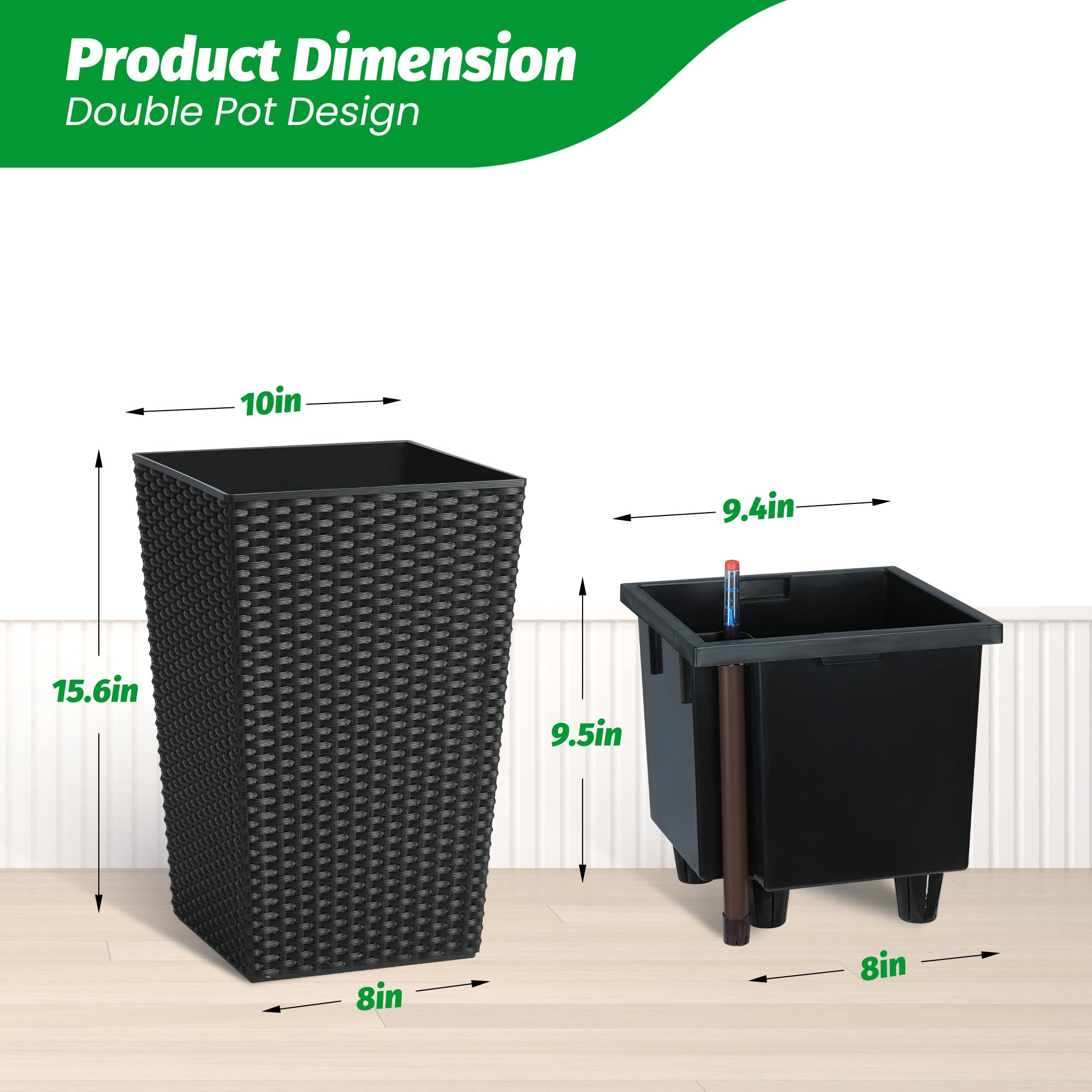 Garvee 16 Inch Tall Rattan Planter Set with Water Level Monitor & Wheels, Durable Plastic, Self-Watering & Drainage, Indoor & Outdoor Use