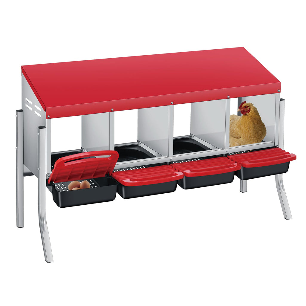 Garvee Heavy-Duty Metal Chicken Nesting Box for Easy Egg Collection - 4 Compartments with Removable Trays - Wall Mount or Stand - Ideal for Backyard Poultry, Red, Four Grids + Bracket