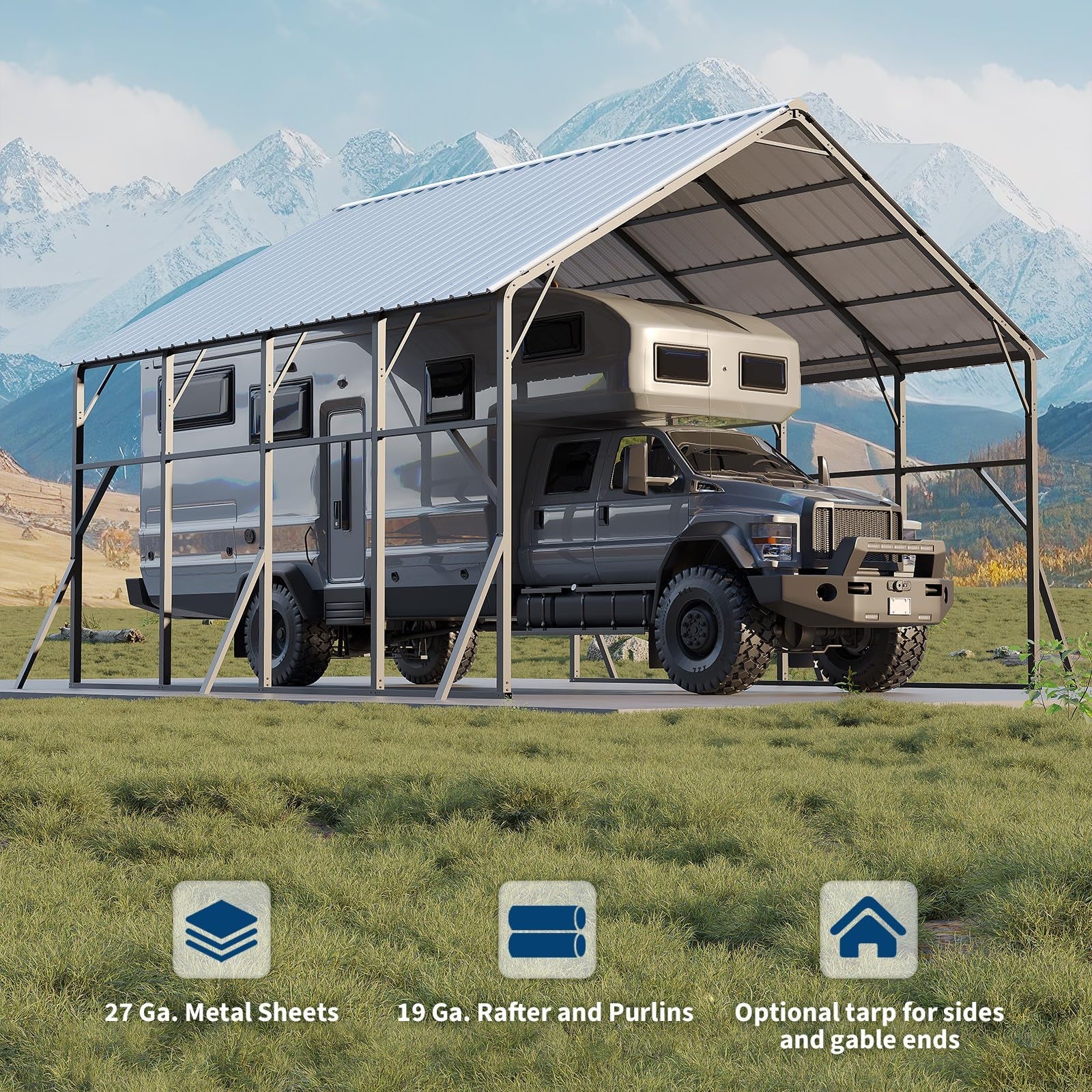 Garvee 20 x 20 ft Metal Carport Kit, Heavy-Duty 2-Car Shelter with 120° Vertical Roof, 173 in Peak Height for RVs & Tractors