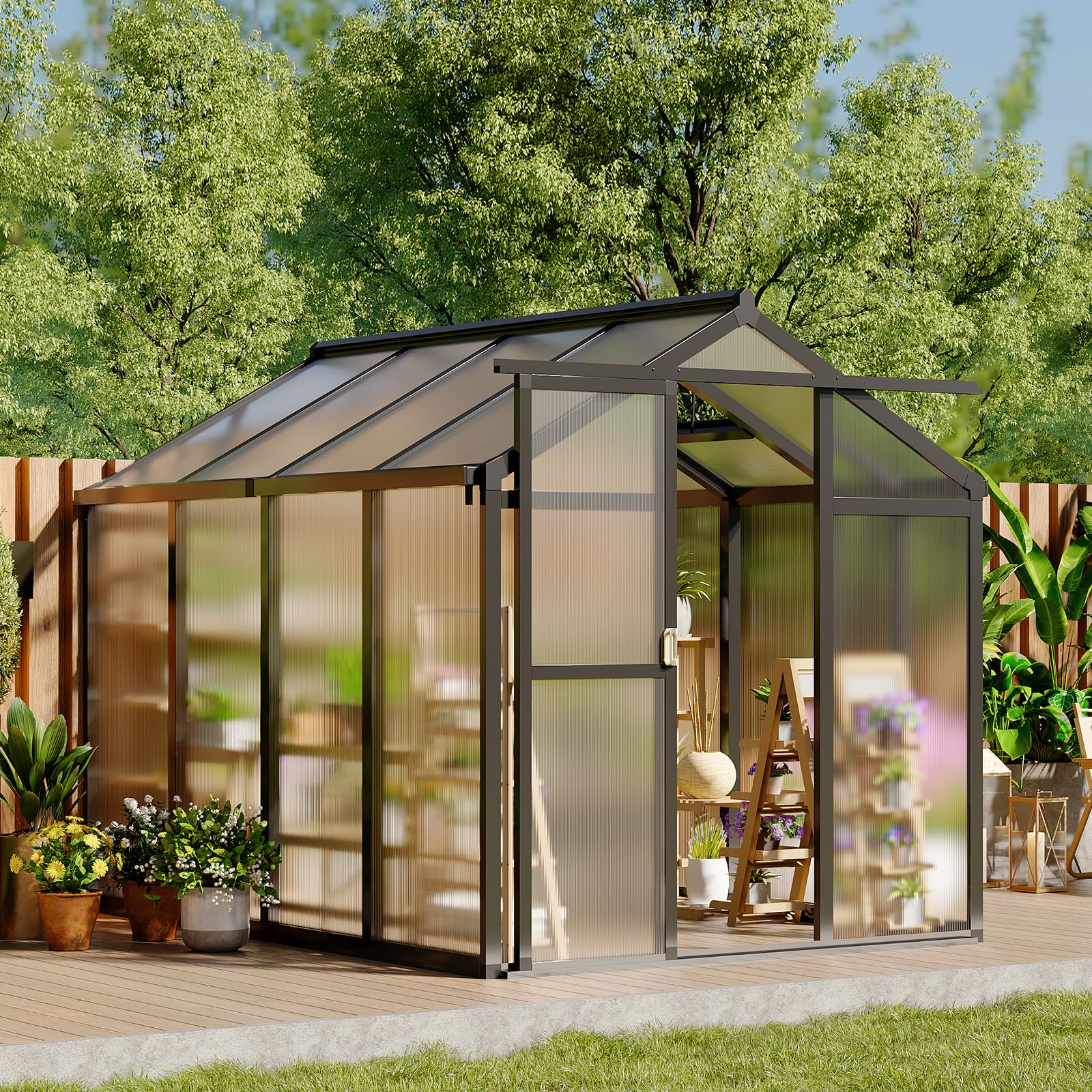 Garvee 6'x8' Polycarbonate Greenhouse with Aluminum Frame - Lockable Door & Adjustable Roof Vent for Backyard Garden, Patio, Outdoor Use, Black