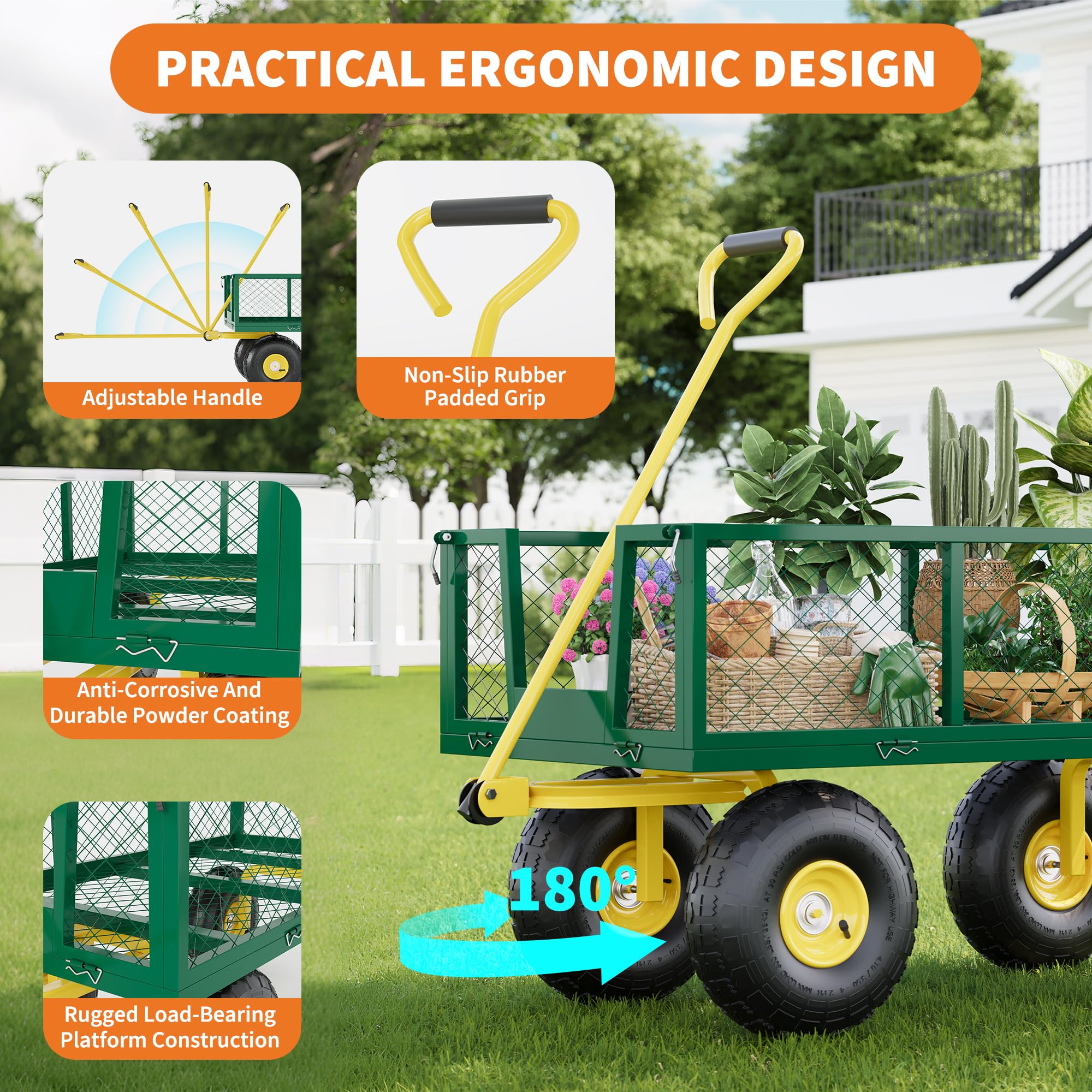 Garvee 900 Lbs Garden Wagon Heavy-Duty Steel Cart with 10" All-Terrain Tires, Removable Mesh Panels, 180° Rotating Handle for Outdoor Gardens