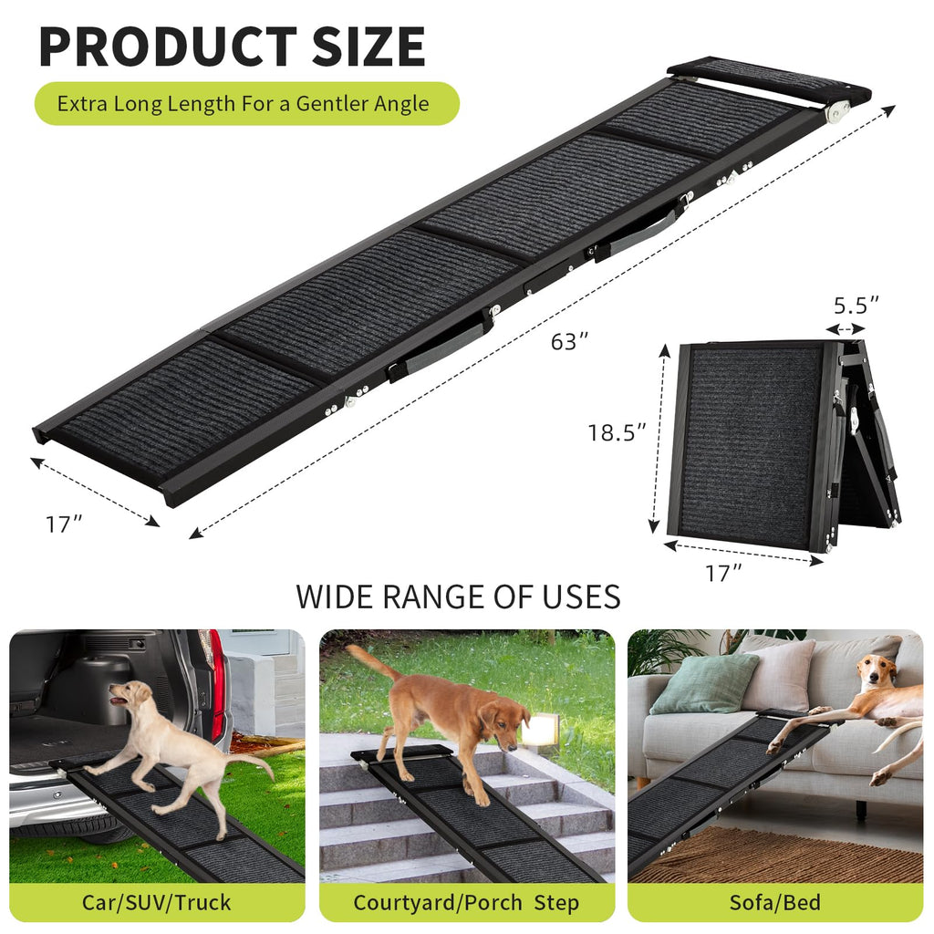 Garvee Portable Dog Car Ramp, 63"×17" Wide Folding Pet Ramp for Large Dogs with Non-Slip Surface Portable Dog Car Ramp for SUV Car, RVs & Truck, Outdoor Dog Ramp Up to 250 LBS