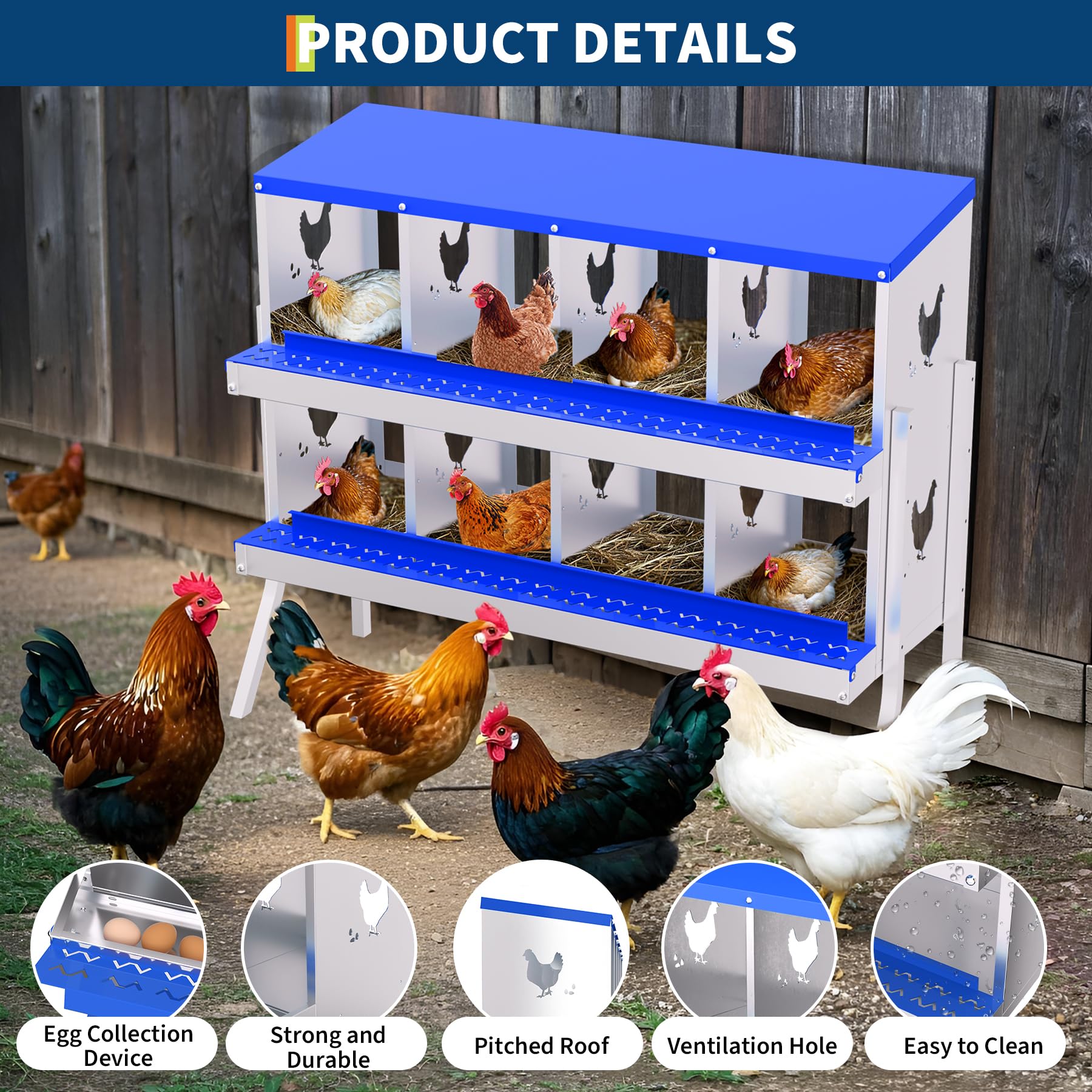 Garvee 8-Hole Bracket Legs Chicken Nesting Box Galvanized Steel Rustproof Automatic Egg Collection Ventilated Easy Install Wall or Freestanding for Chicken Coop Blue