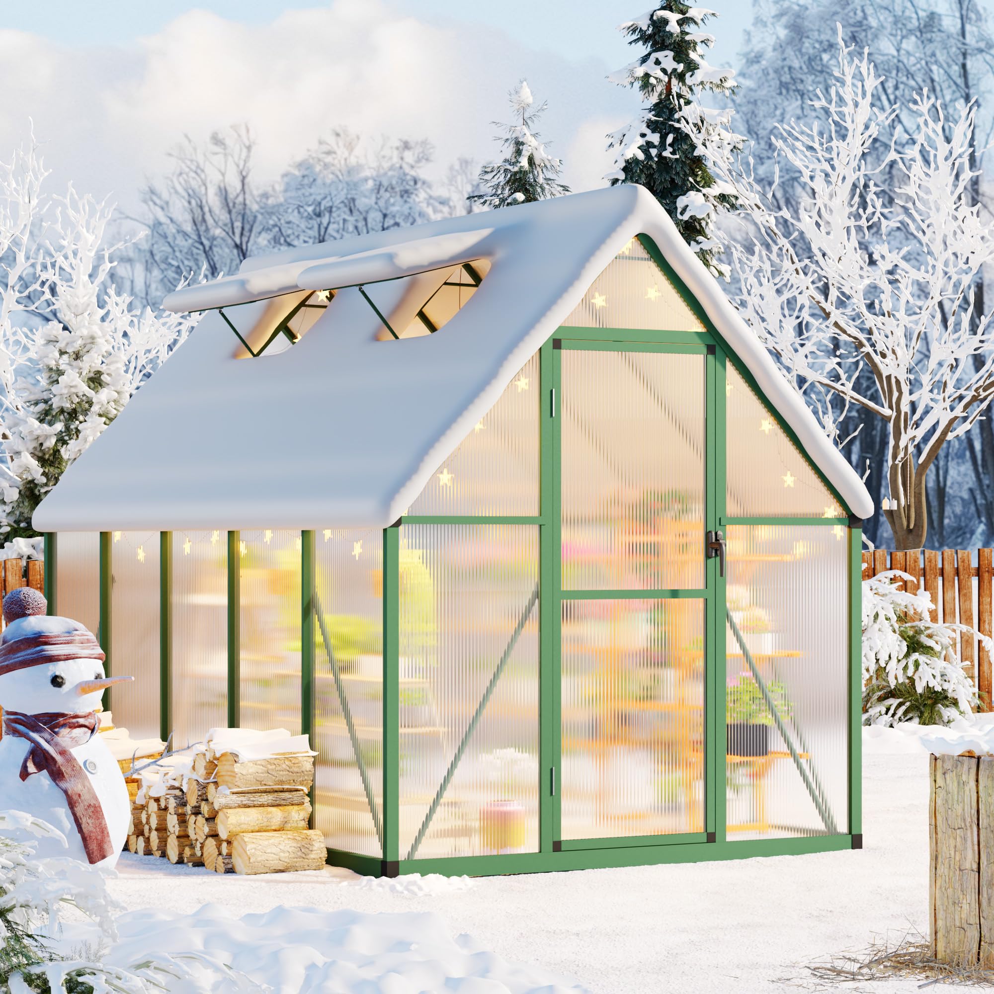 Garvee 6' x 9' Polycarbonate Walk-In Greenhouse, Aluminum Frame Greenhouse with 4mm Twin-Wall Panels, Lockable Door, Roof Vent & Ground Stakes, Green