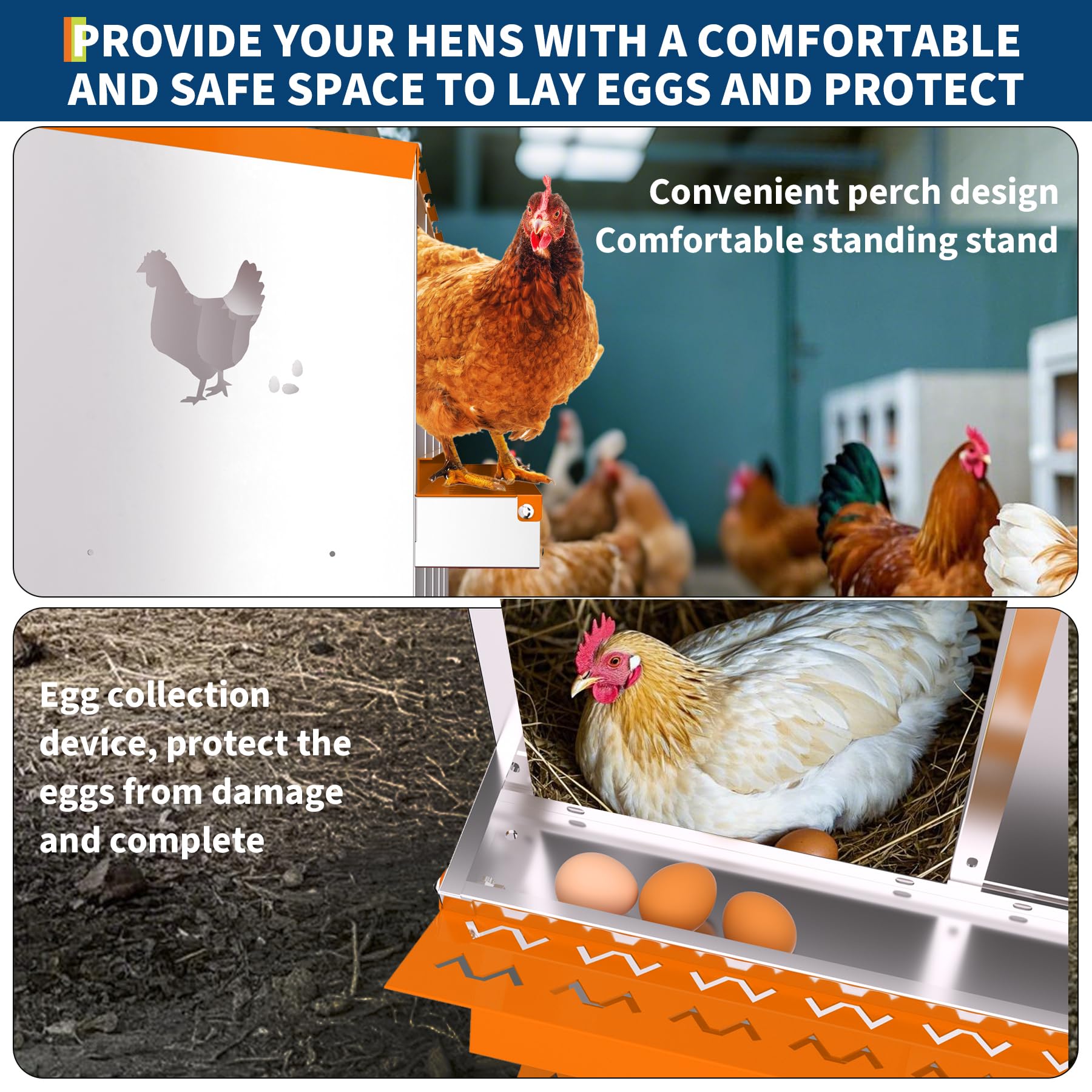Garvee 8-Hole Bracket Legs Chicken Nesting Box Galvanized Steel Rustproof Automatic Egg Collection Ventilated Easy Install Wall or Freestanding for Chicken Coop Orange