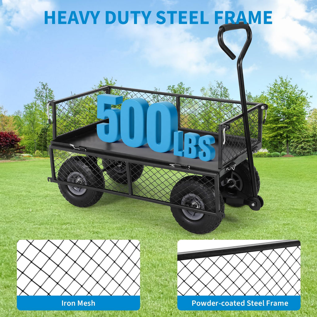 Garvee Heavy Duty Garden Cart Folding Utility Wagon 500LB Capacity Mesh Steel Waterproof Liner Adjustable Handle 10 Inch Tire for Outdoor Work
