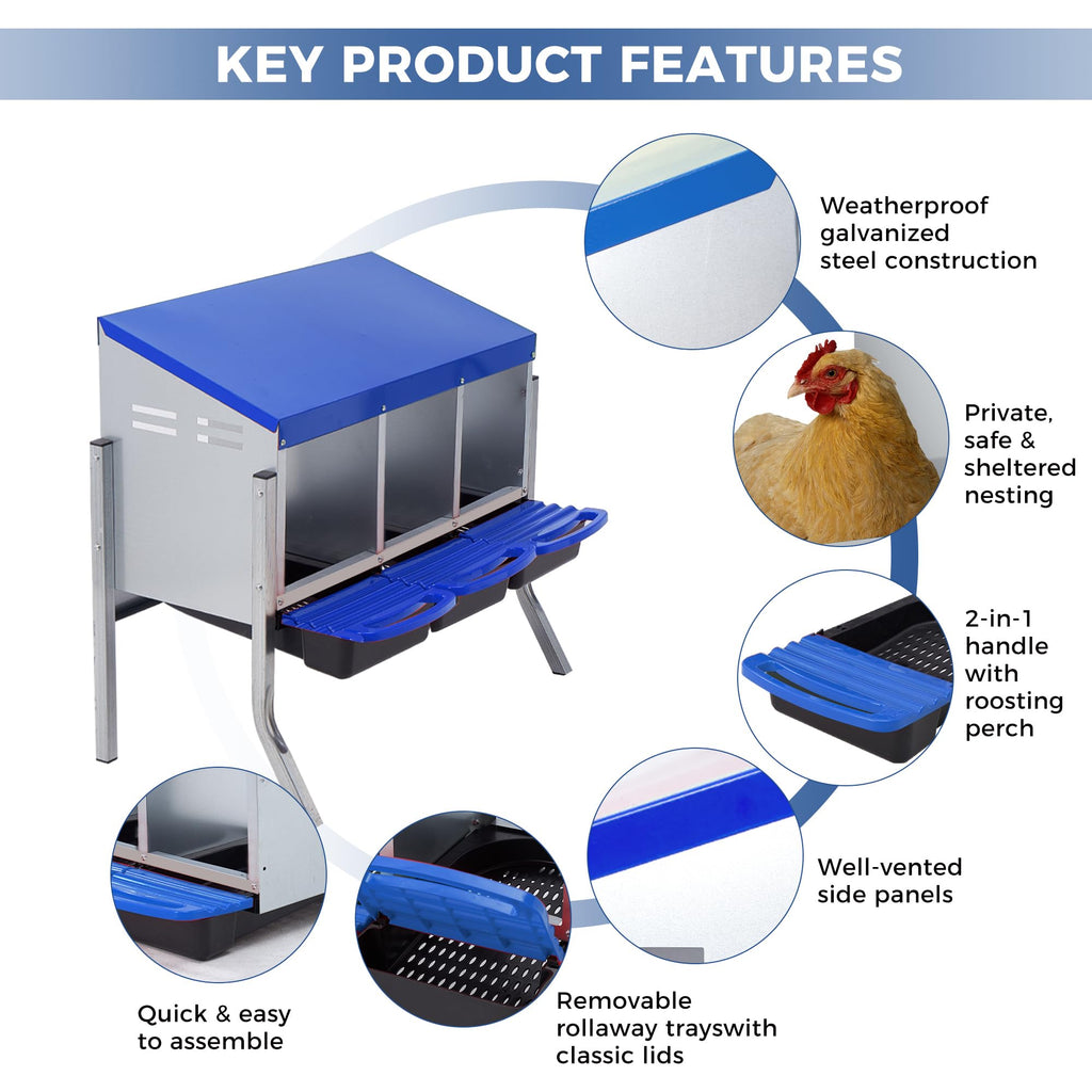 Garvee Chicken Nesting Boxes, 3 Hole with Legs Metal Wall Mount Roll Away Nest with Removable Trays and Roll Out Egg Collection for Chicken Coop