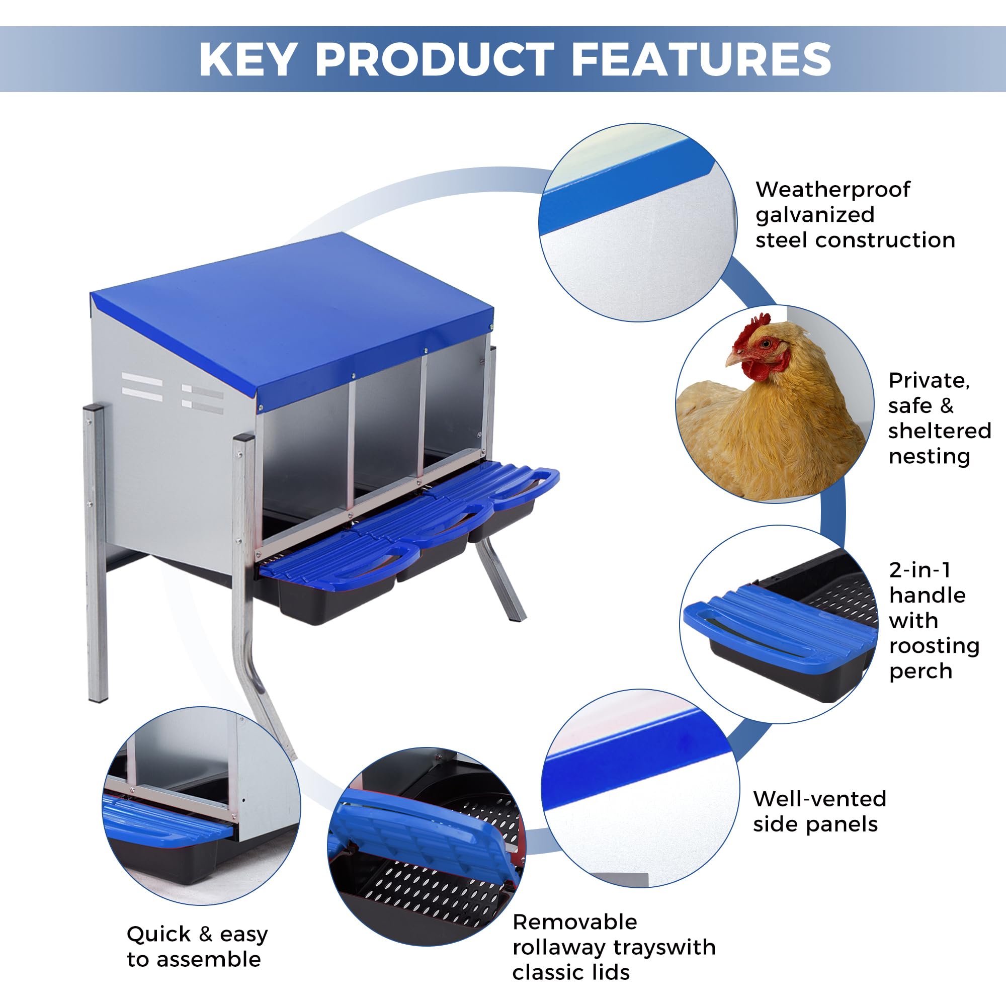 Garvee Chicken Nesting Boxes, 3 Hole with Legs Metal Wall Mount Roll Away Nest with Removable Trays and Roll Out Egg Collection for Chicken Coop
