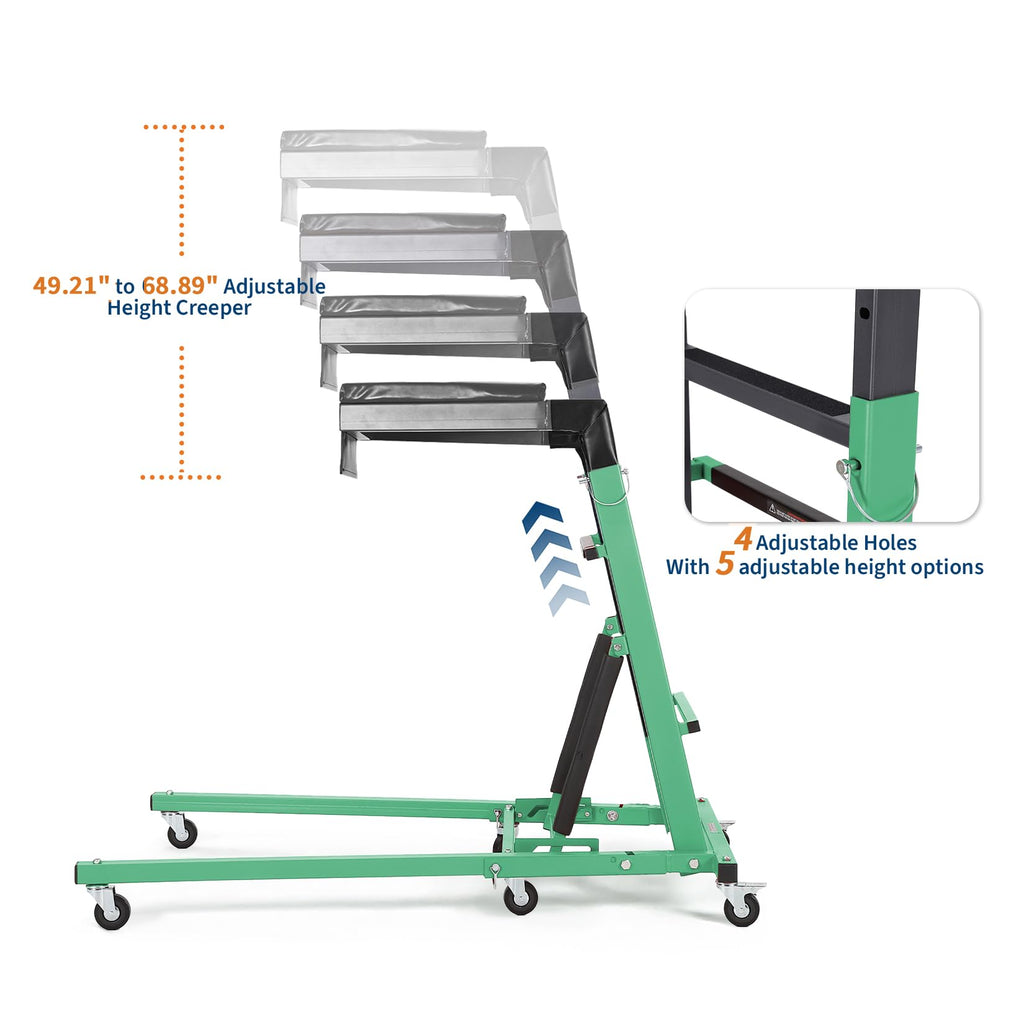 Garvee Top Automotive Creeper Adjustable Height 49.21-68.89" 400 LBS Capacity 6 Swivel Casters Steel Frame Foldable Garage Use