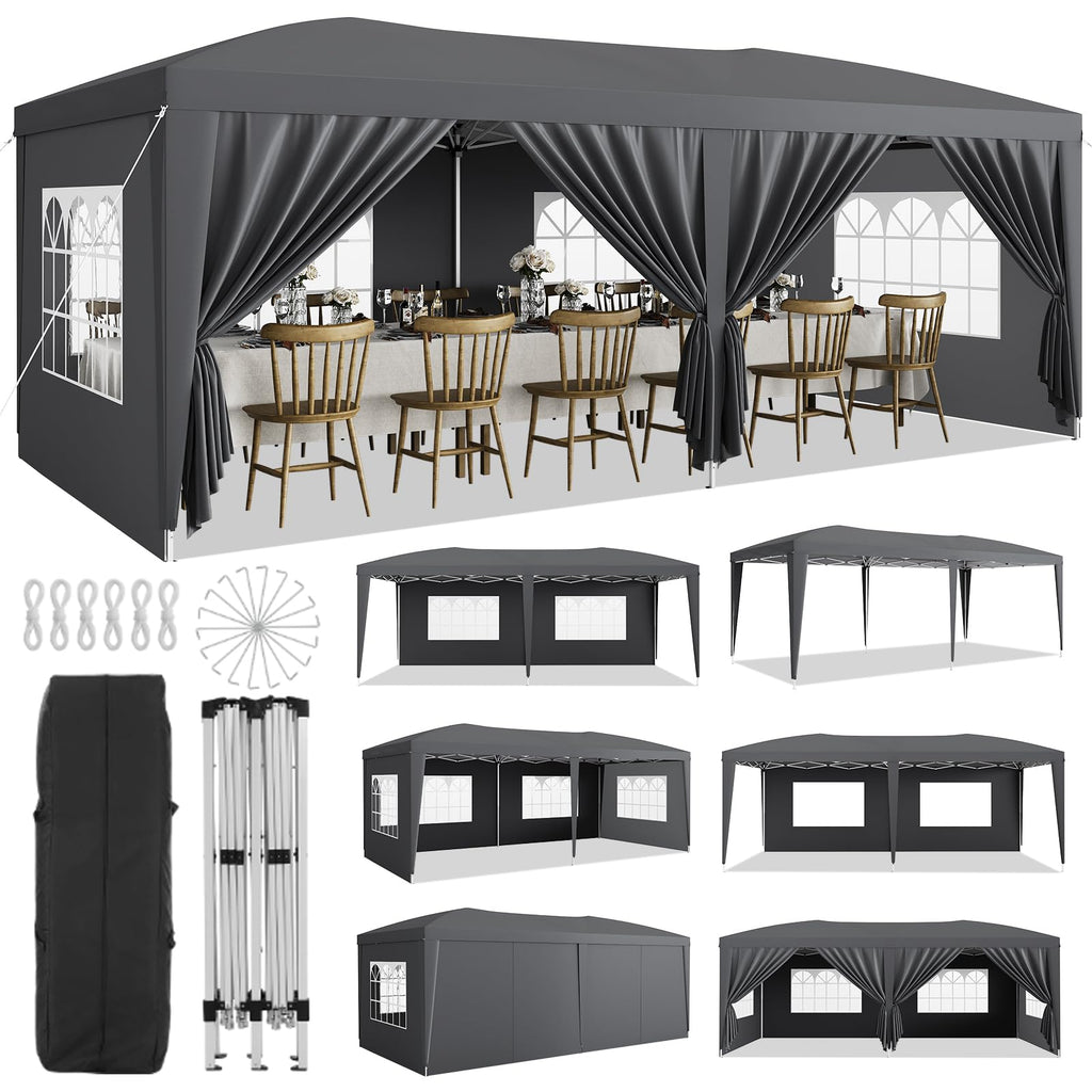 Garvee 10x20 Heavy Duty Pop Up Canopy Tent with 6 Removable Sidewalls, Adjustable 3 Heights, 210D Oxford Cloth, Waterproof, Stakes & Ropes, Outdoor Events