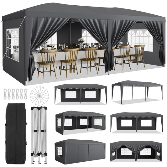 Garvee 10x20 Heavy Duty Pop Up Canopy Tent with 6 Removable Sidewalls, Adjustable 3 Heights, 210D Oxford Cloth, Waterproof, Stakes & Ropes, Outdoor Events