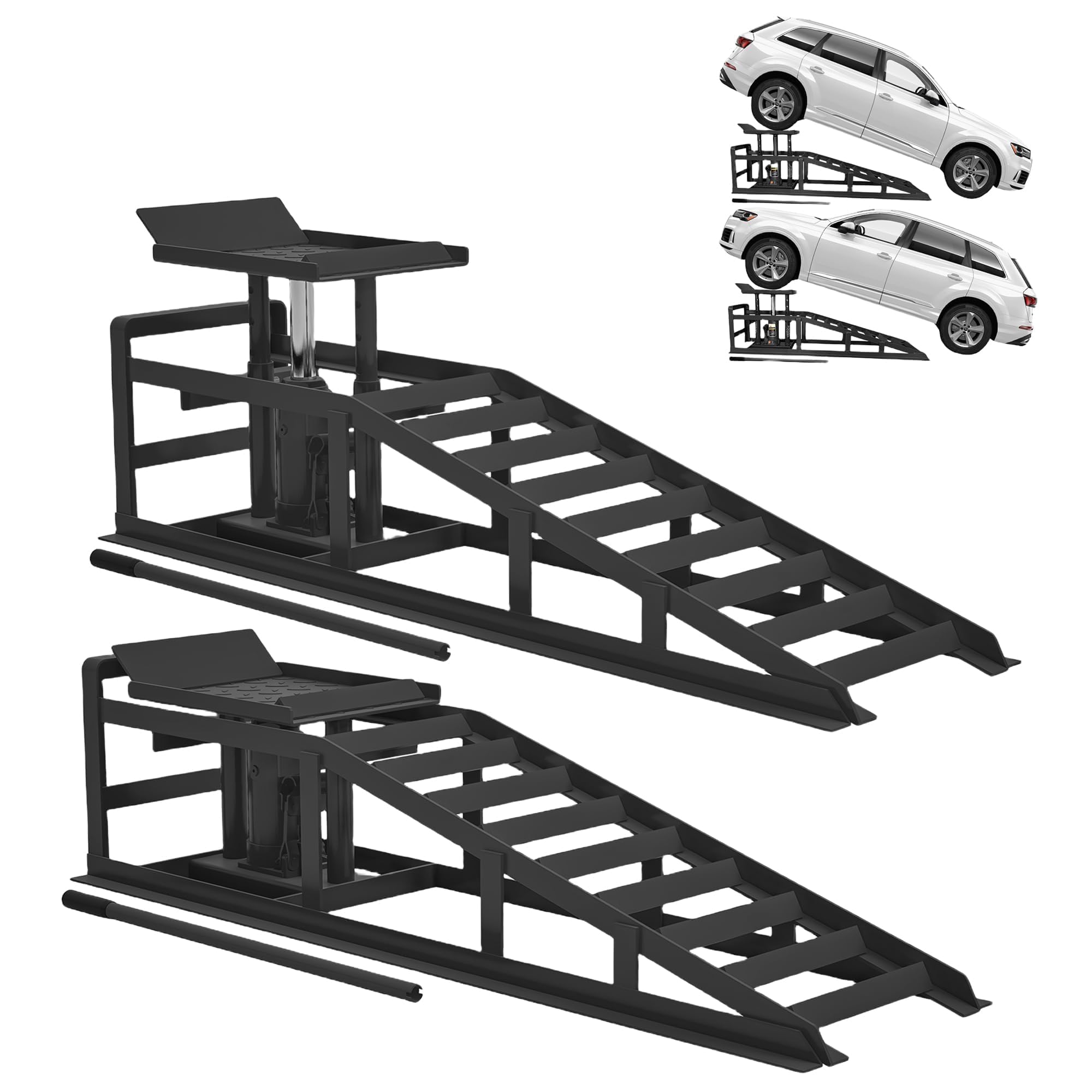 Garvee 2-Pack Hydraulic Car Ramps, 3 Ton Heavy-Duty Steel with Adjustable Height, Wide Incline, and Low Profile for Vehicle Maintenance and Garage Use, Black