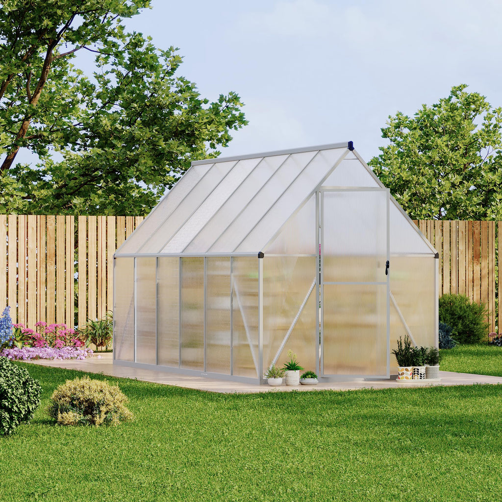 Garvee Heavy Duty Aluminum Polycarbonate Greenhouse Kit - 6x11 FT Large Walk-In Outdoor Garden Greenhouse with Roof Vent, Double Swing Doors, Quick Setup, Enhanced Ventilation - Silver