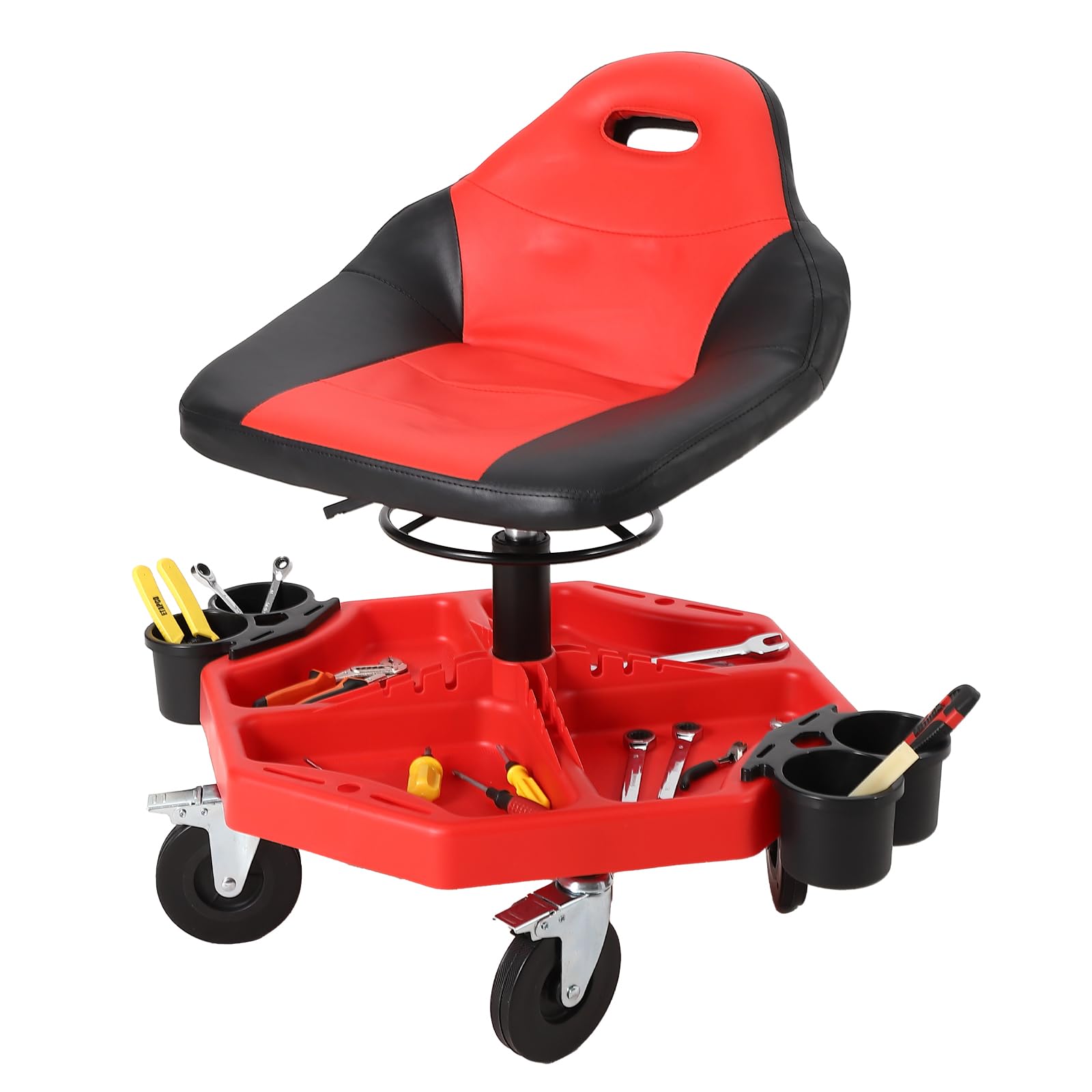 Garvee Rolling Mechanic Stool, 300 lbs Capacity, Height Adjustable 19''-24'' Soft Cushion Steel Frame Tool Tray Lockable Swivel Wheels Red Garage Workshop