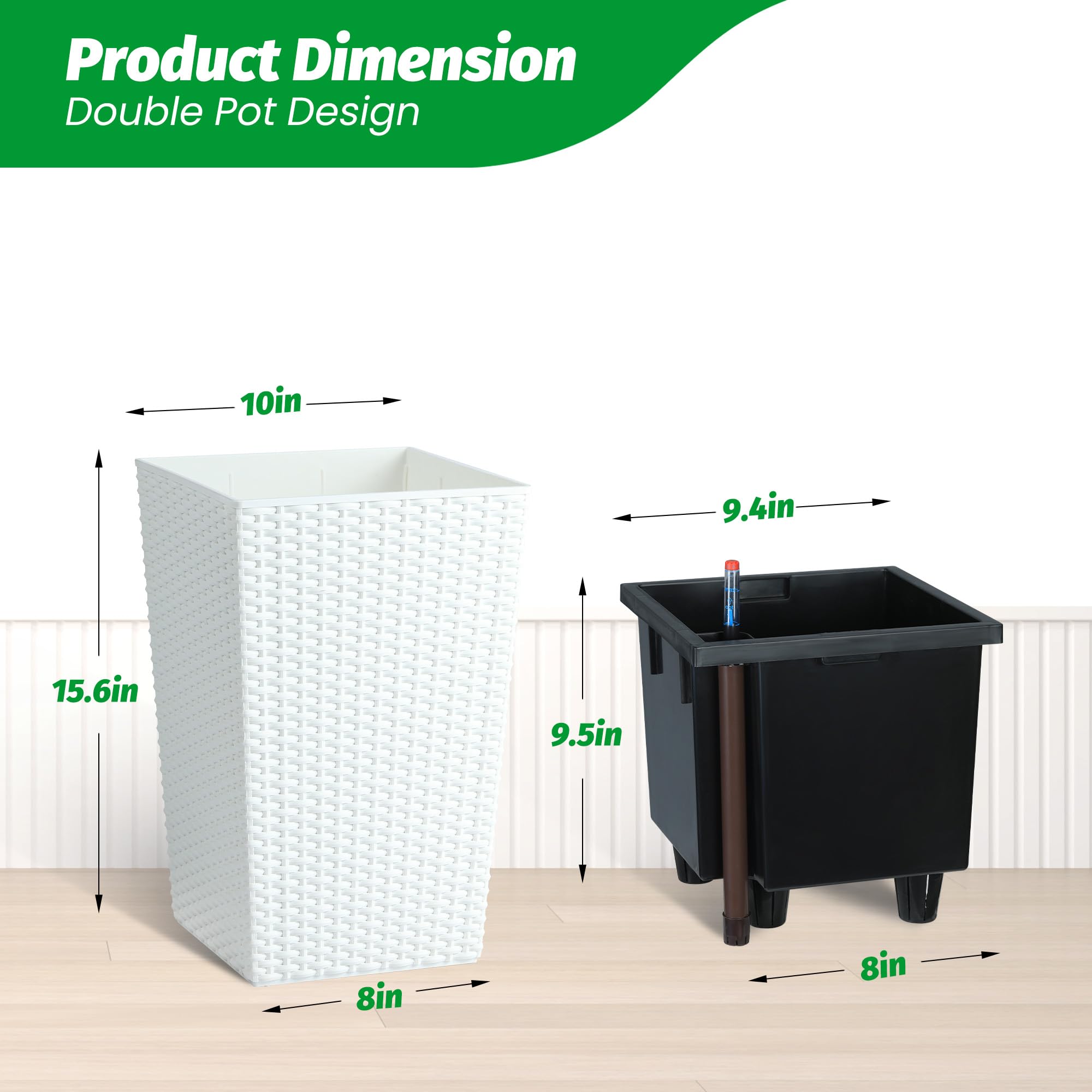 Garvee 16 Inch Tall Rattan Planter Set of 2 with Water Level Monitor & Wheels, Durable Weather-Resistant Plastic, Self-Watering, White, for Patio & Indoor