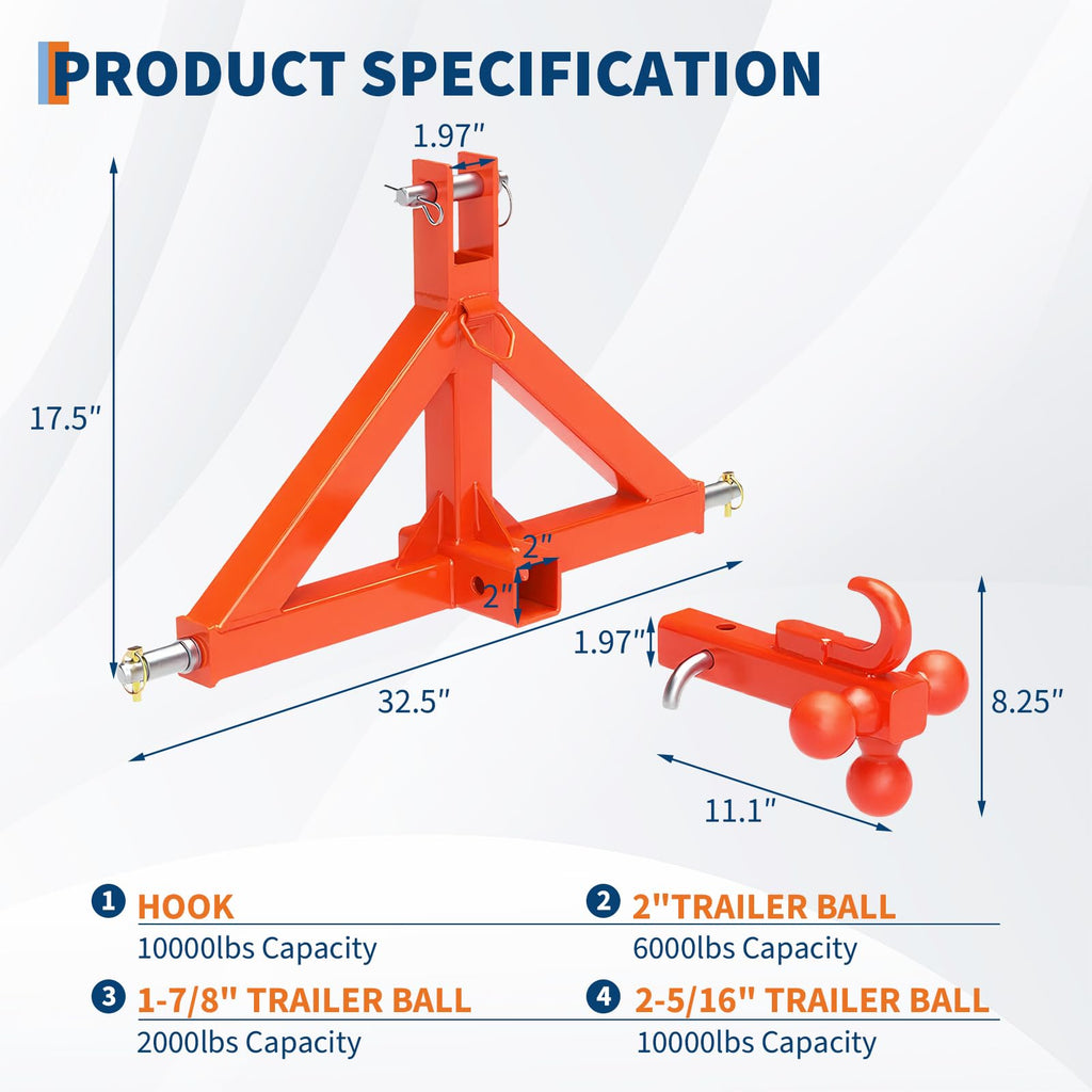 Garvee 3 Point Trailer Hitch for Tractor with 2" Receiver and Towing Ball, Heavy Duty Steel, Quick Hitch Compatible, Category 1, Compact & Full-Size Tractors