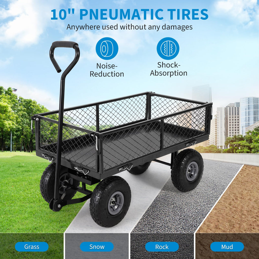 Garvee Heavy Duty Garden Cart Folding Utility Wagon 500LB Capacity Mesh Steel Waterproof Liner Adjustable Handle 10 Inch Tire for Outdoor Work