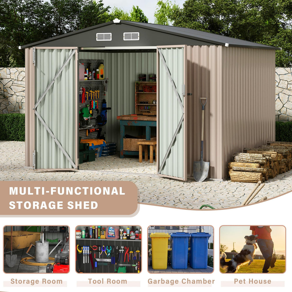 Garvee Outdoor Metal Storage Shed 8x10 FT with Lockable Doors & Air Vents, Sloped Roof, Galvanized Steel, Rustproof, Large Capacity for Garden Patio Lawn