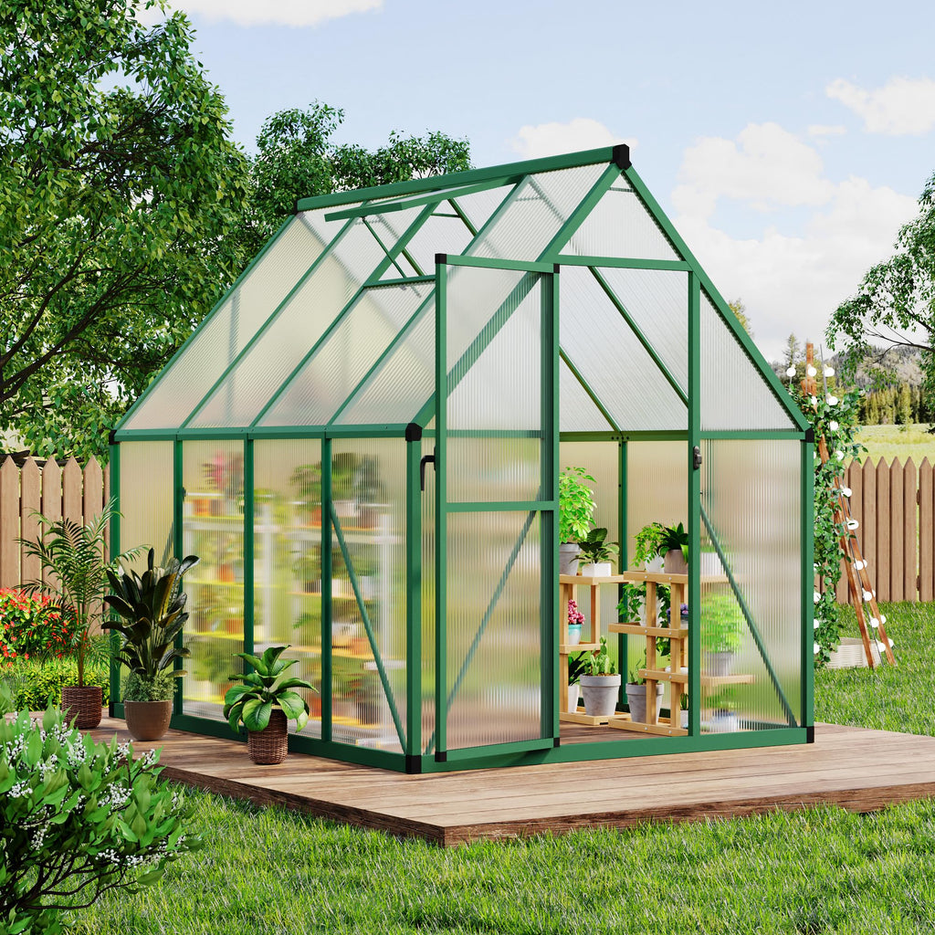 Garvee Heavy Duty 6x7 FT Polycarbonate Walk-In Greenhouse – Reinforced Aluminum Frame, Lockable Door, Adjustable Roof Vent, Quick Assembly – Ideal for Outdoor Patio, Backyard, Garden – Green