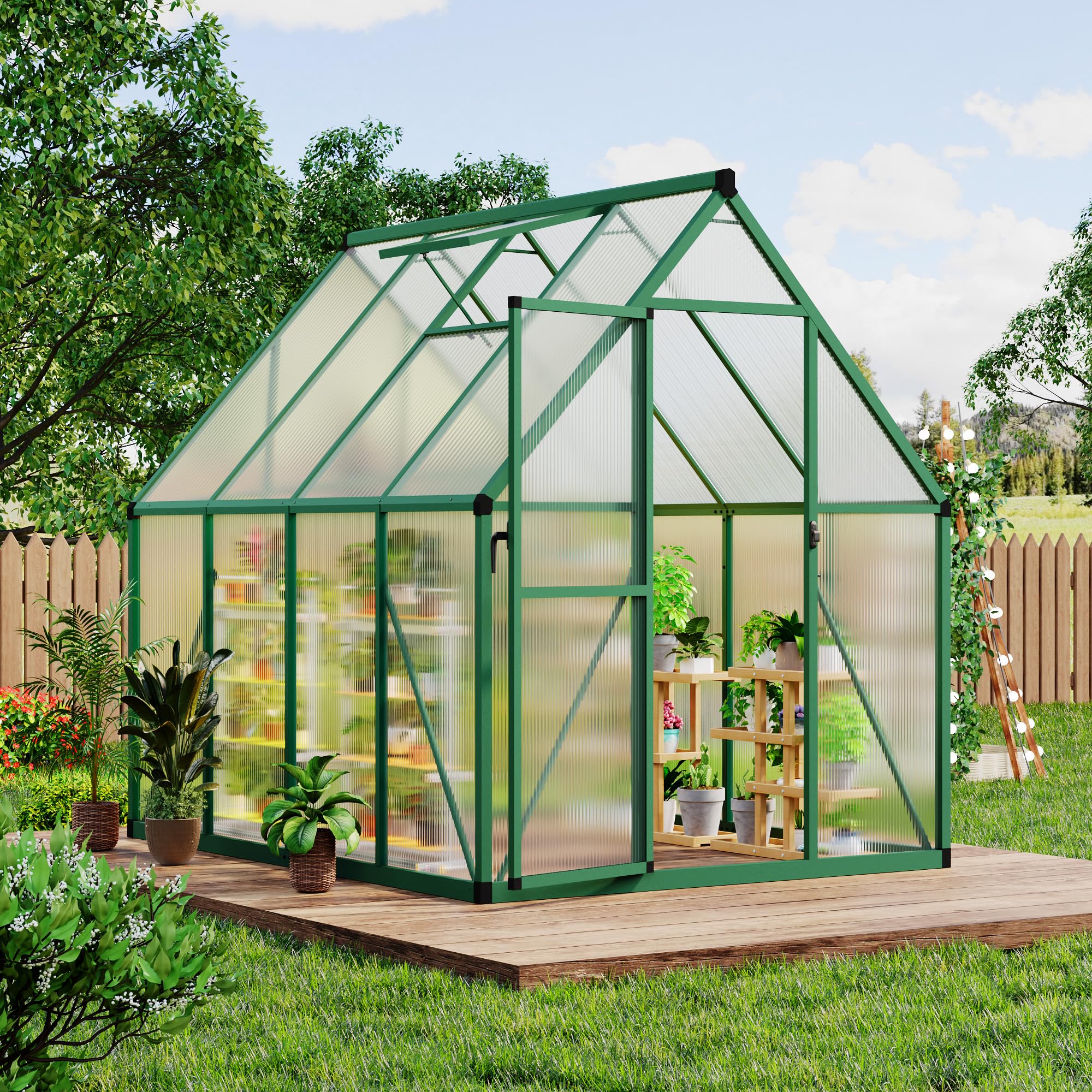 Garvee Heavy Duty 6x7 FT Polycarbonate Walk-In Greenhouse – Reinforced Aluminum Frame, Lockable Door, Adjustable Roof Vent, Quick Assembly – Ideal for Outdoor Patio, Backyard, Garden – Green