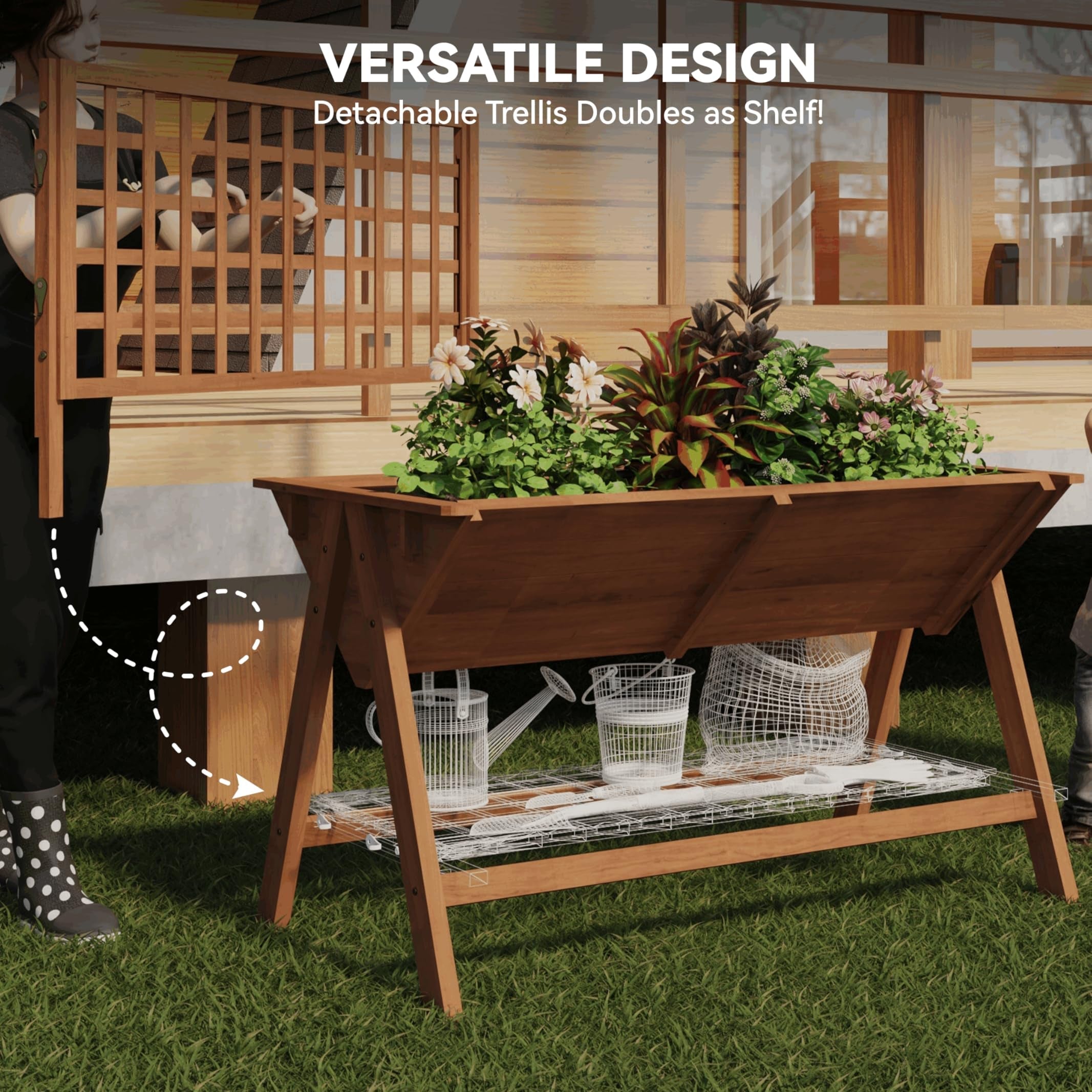 Garvee 52x30x54in Raised Garden Bed with Legs, Elevated Wooden Raised Planter Box with Vine Climbing Trellis Outdoor Standing Growing Bed for Growing Vegetables Flowers Herbs