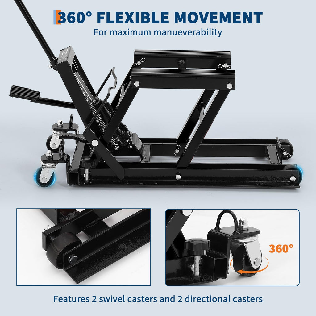 Garvee Hydraulic Motorcycle Lift Jack, 1500 lbs Capacity Steel ATV Hoist with Wheels, Adjustable Height, 3-Position Safety Lock, Portable Garage Lifting Stand，Black