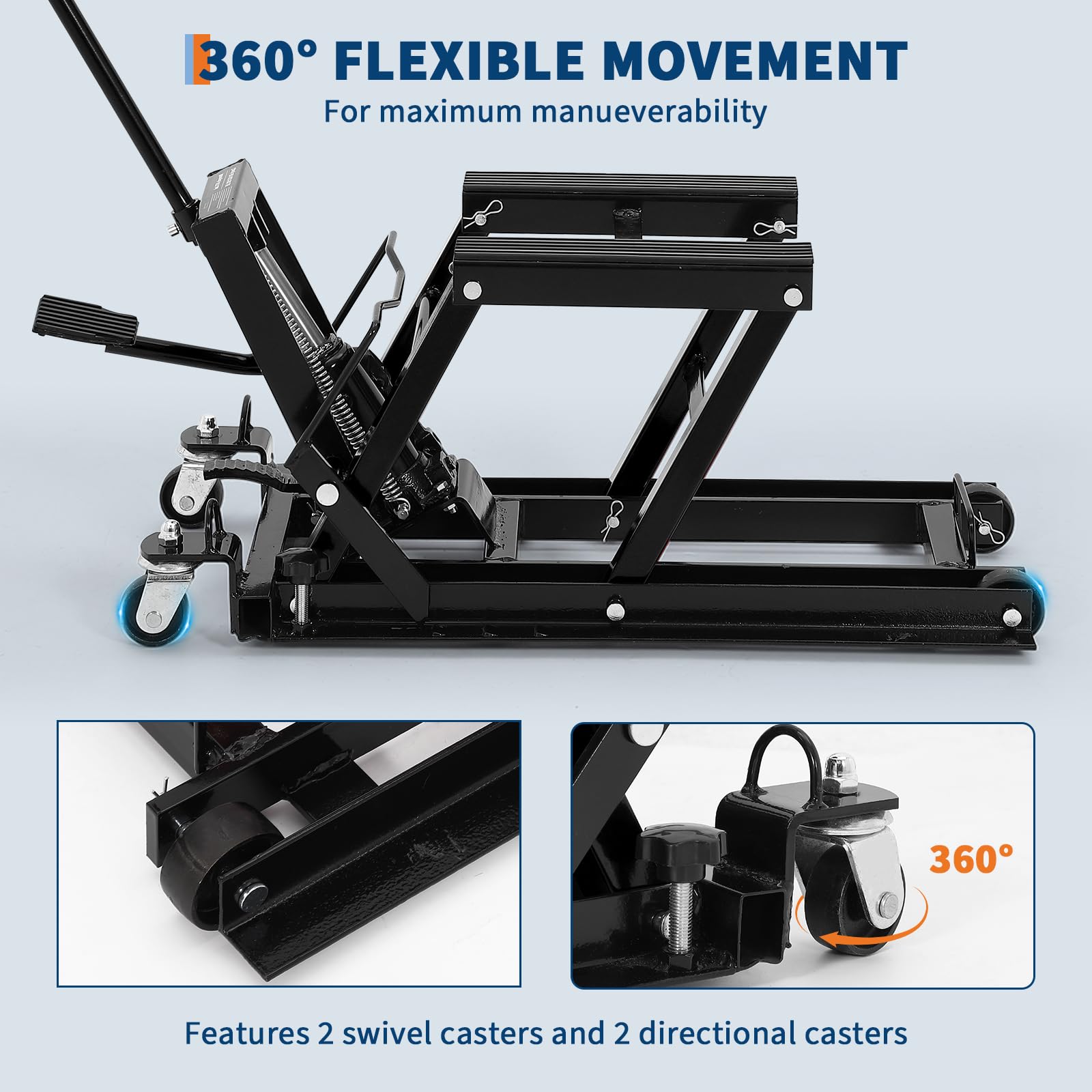 Garvee Hydraulic Motorcycle Lift Jack, 1500 lbs Capacity Steel ATV Hoist with Wheels, Adjustable Height, 3-Position Safety Lock, Portable Garage Lifting Stand，Black