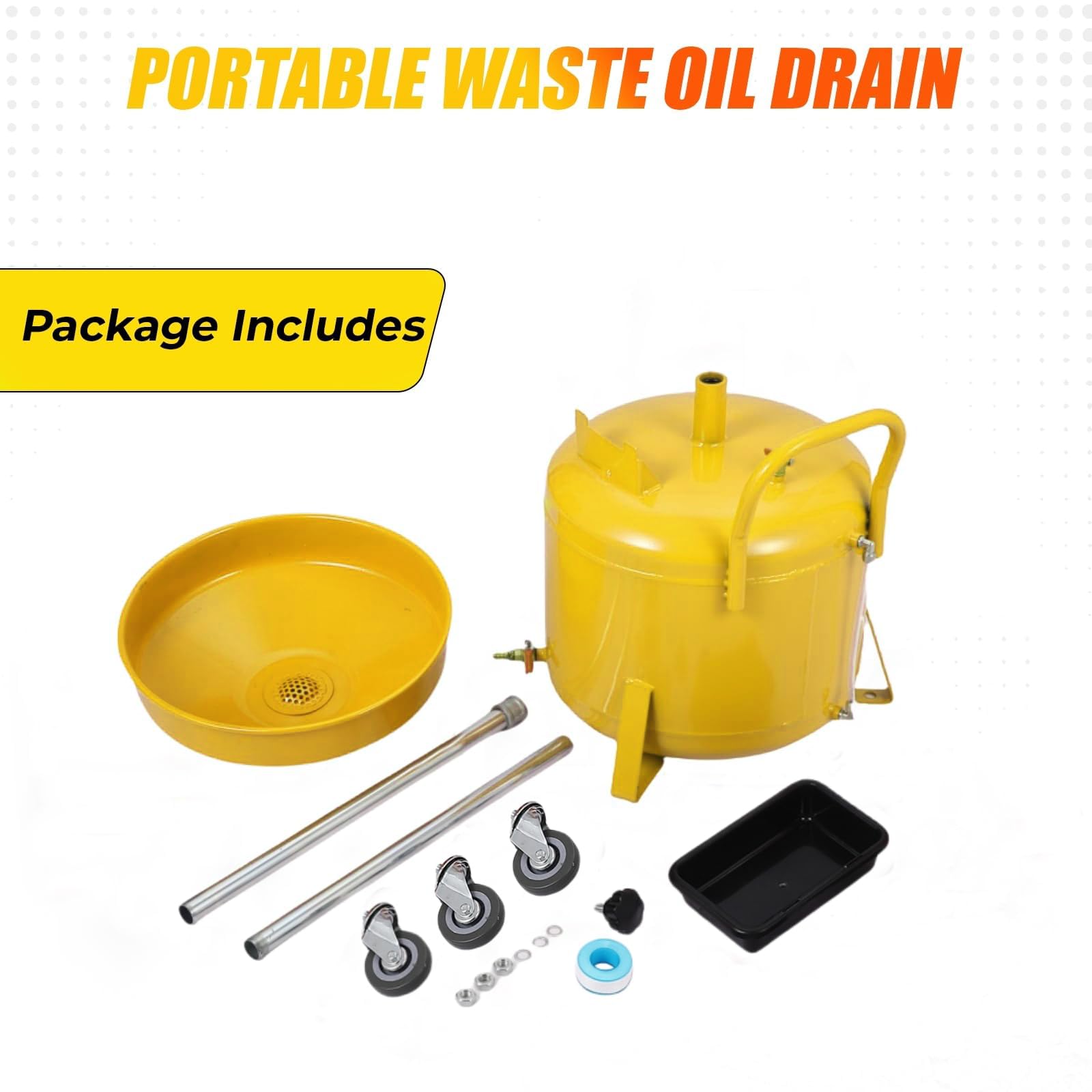 Garvee 8 Gal Portable Waste Oil Drain Change Tank, 15 in Funnel, Adjustable Height 28"-62", 360° Wheels, Built-in Toolbox for Easy Use, Yellow