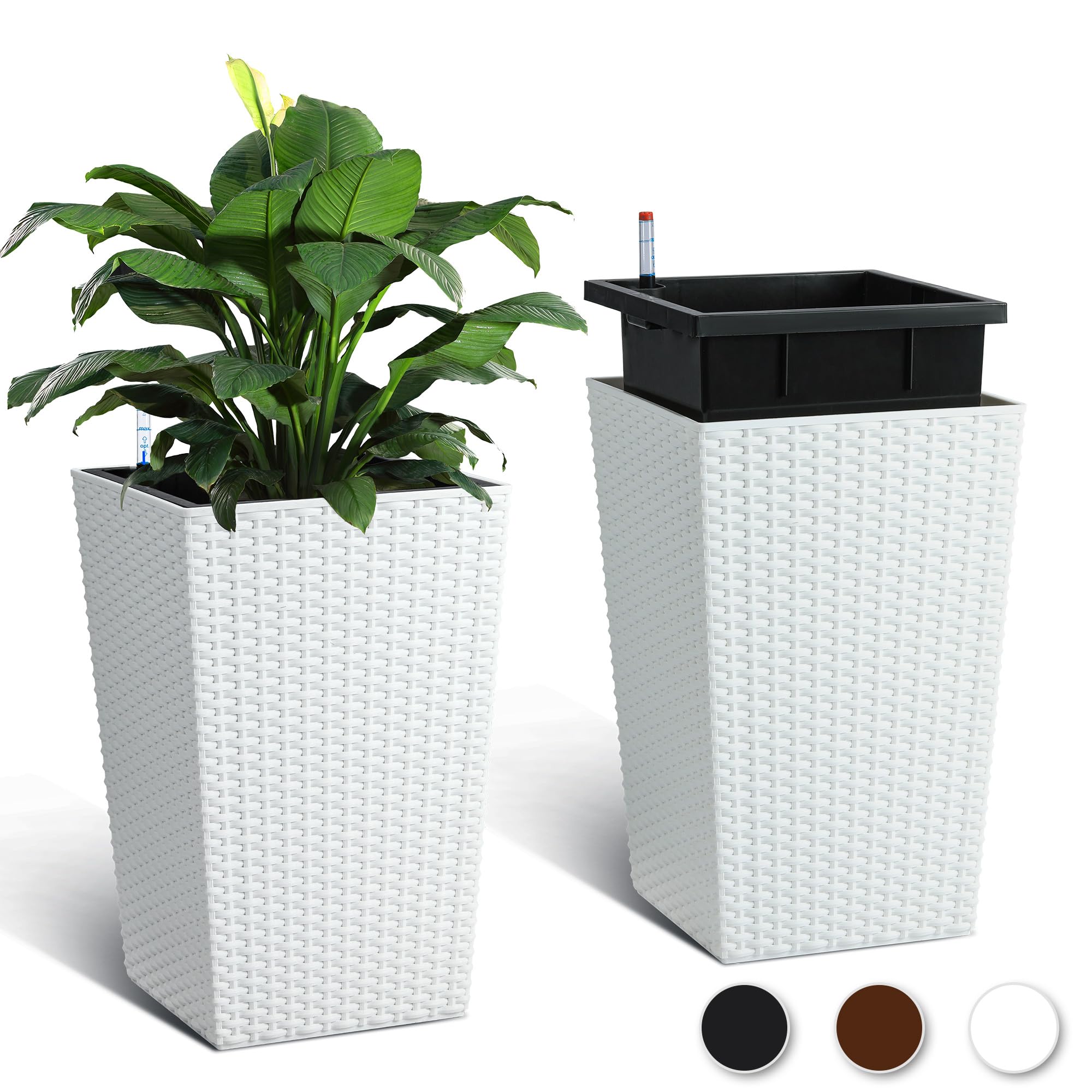 Garvee 16 Inch Tall Rattan Planter Set of 2 with Water Level Monitor & Wheels, Durable Weather-Resistant Plastic, Self-Watering, White, for Patio & Indoor