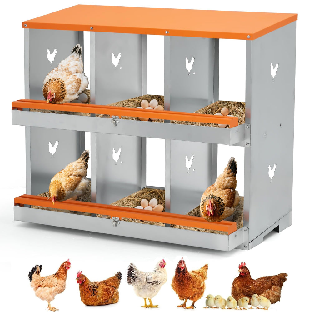 Garvee Chicken Nesting Box 6 Holes Heavy Duty Galvanized Steel Two-Tier Ventilated Dry Bedding Easy Assembly for Chicken Coop