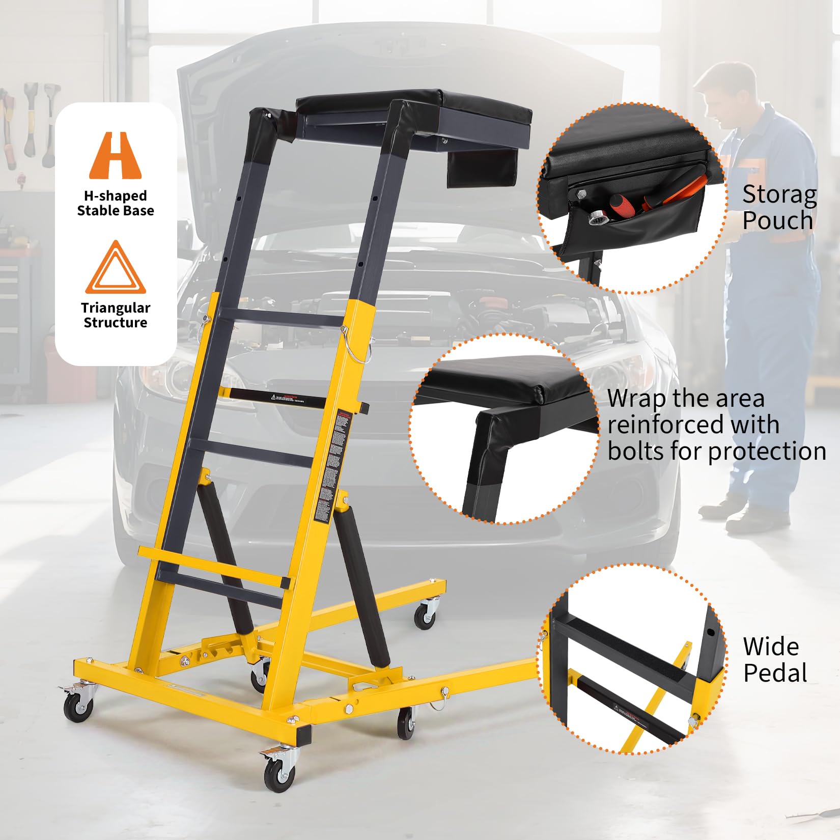 Garvee Automotive Top Creeper Adjustable Height 49.21-68.89" 400 LBS Capacity 6 Swivel Casters Steel Frame Foldable Garage Use