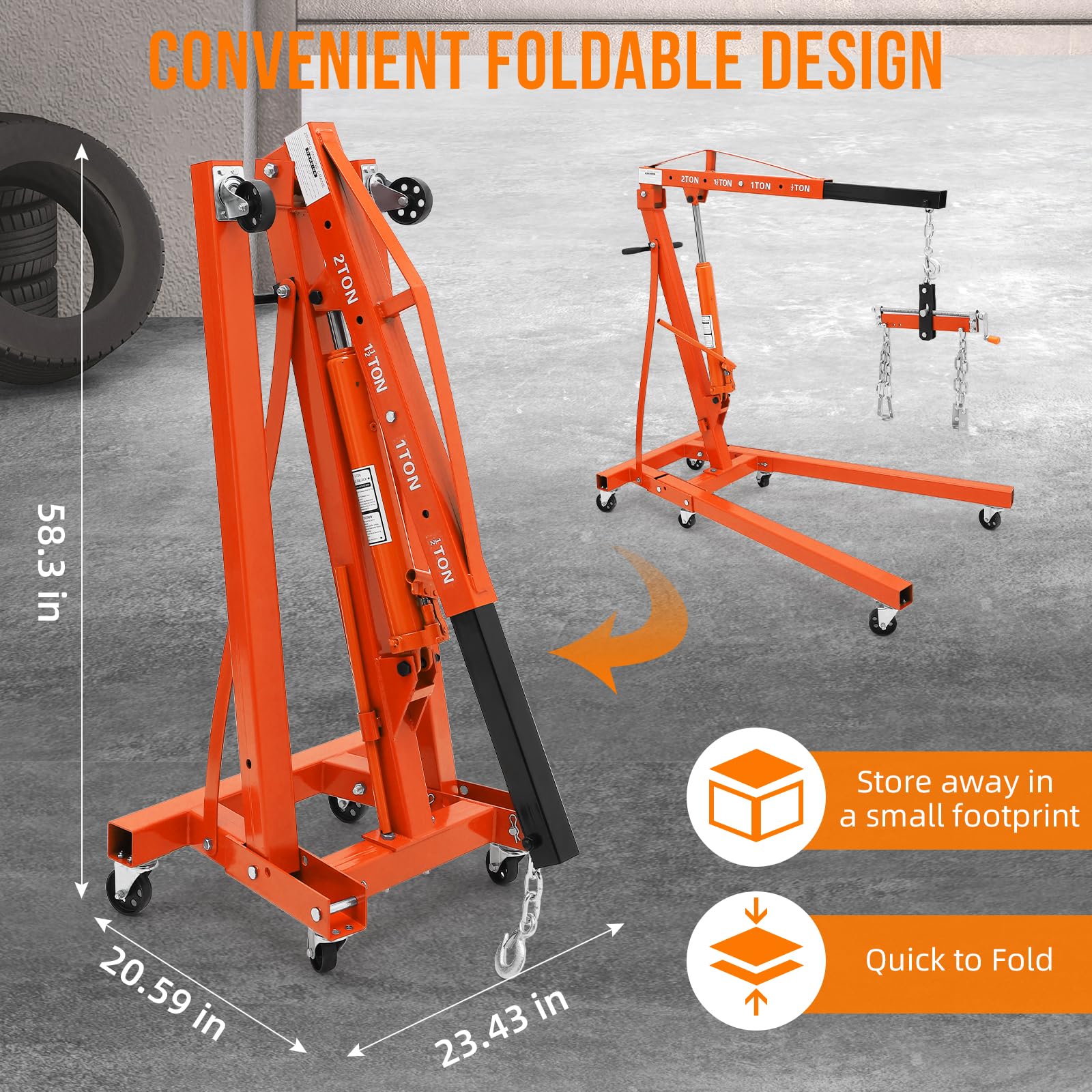 Garvee 2 Ton Folding Hydraulic Engine Hoist with Lever, Heavy-Duty Steel, 6 Wheels, Adjustable Boom, Compact Foldable Design for Garage Workshop