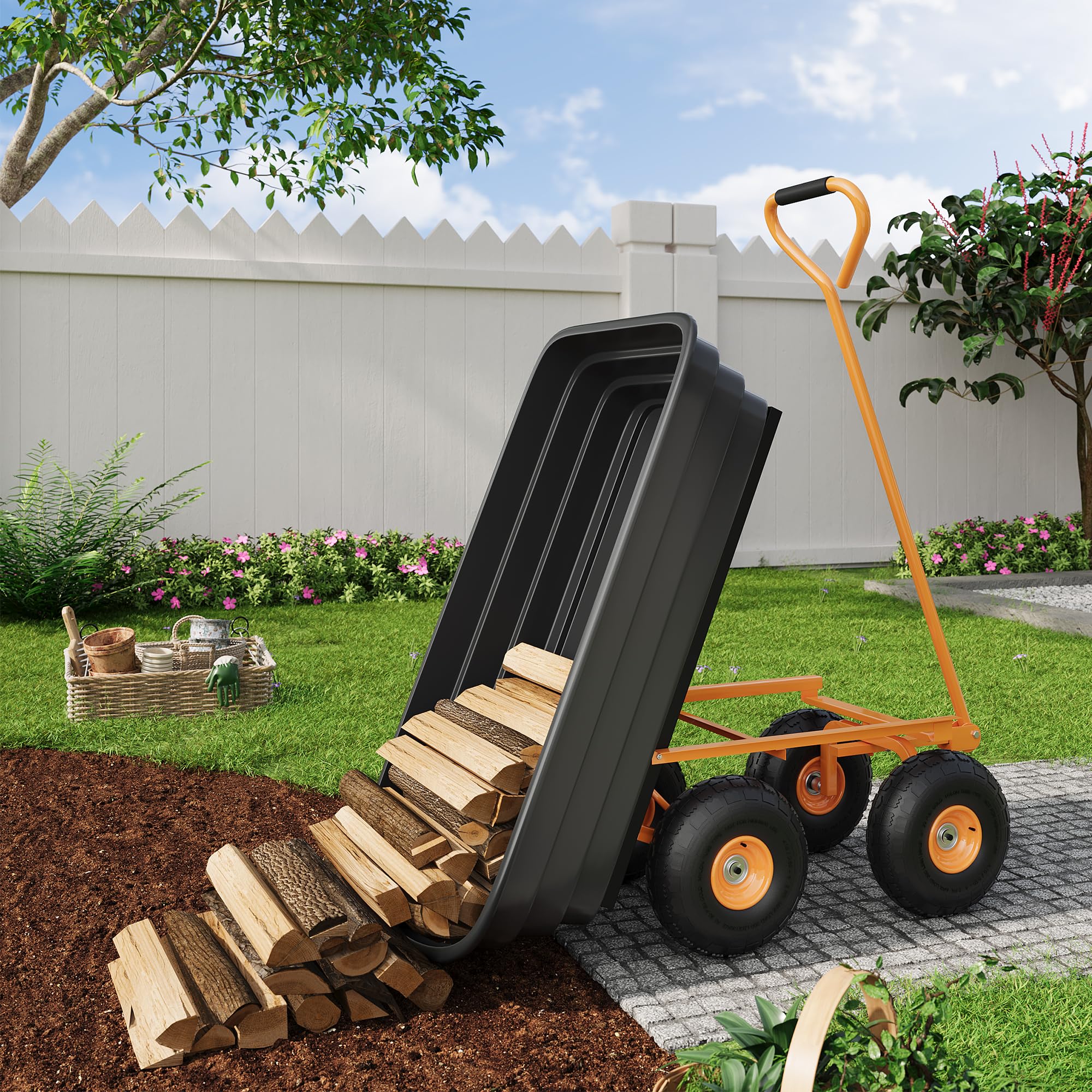 Garvee 1200 lb All-Terrain Yard Wagon, Heavy-Duty Utility Cart with Quick Dump & Adjustable Handle, Garden Cart for Soil, Plants & Tools