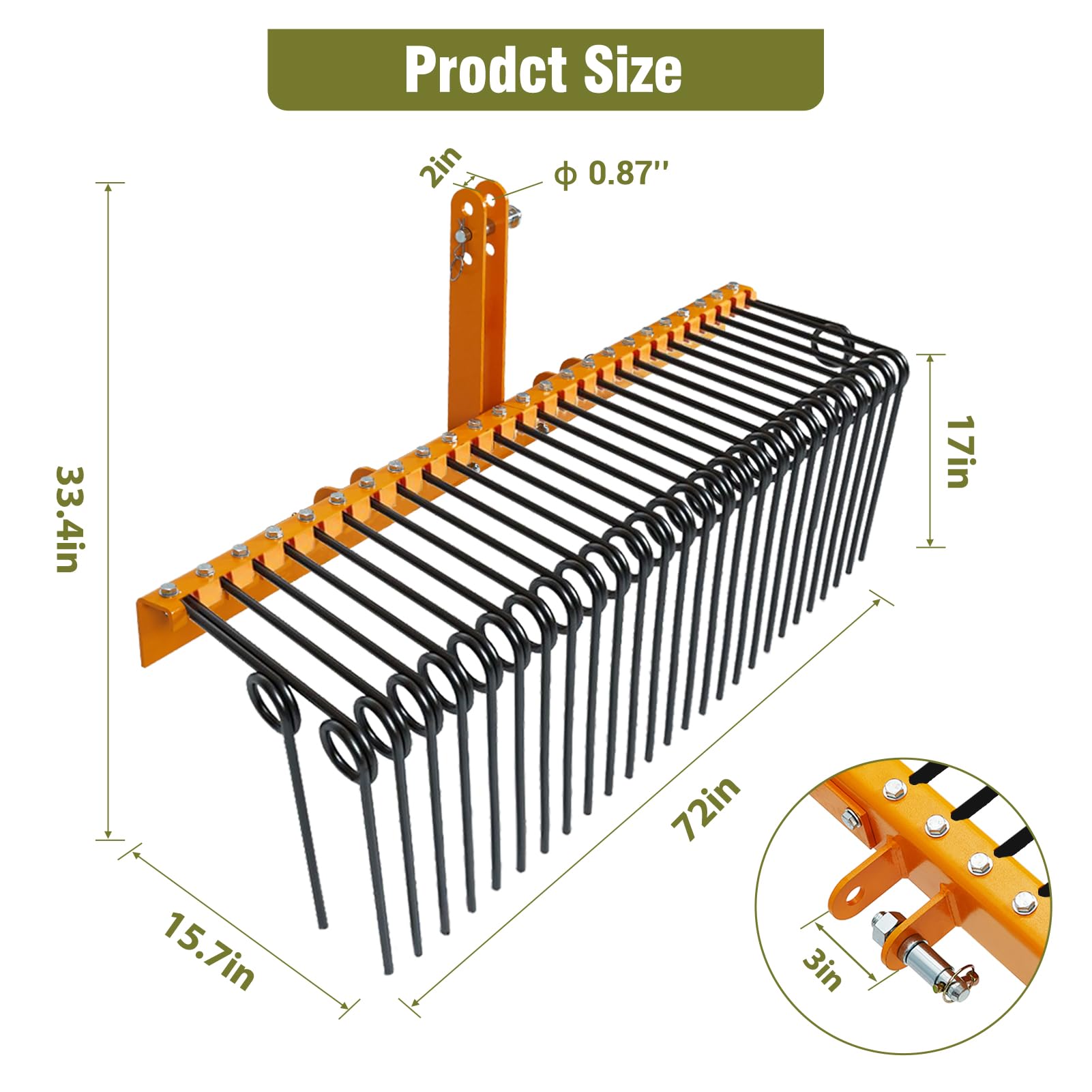 GARVEE 72" Pine Straw Rake - 30 Spring Tines, Powder Coated Steel, 3-Point Hitch Cat 0/1 (Tow Behind for Yard Cleanup/Dethatching)