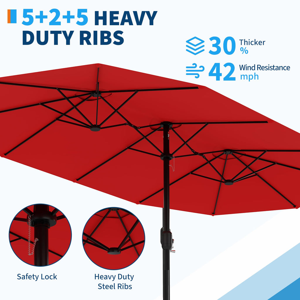 Garvee 15ft Double-Side Rectangular Pool Umbrella with Base - Large 133 sq.ft Shade, Manual Crank, 180G Polyester, Rust-Resistant Steel Ribs - Patio, Poolside, Backyard