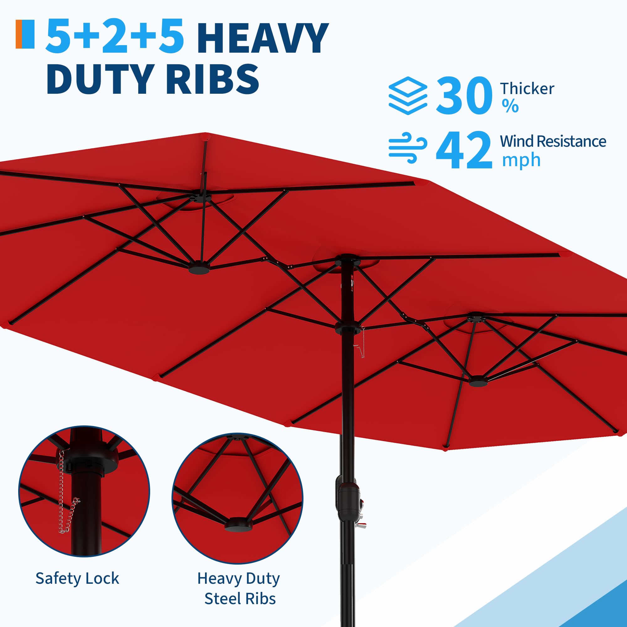 Garvee 15ft Double-Side Rectangular Pool Umbrella with Base - Large 133 sq.ft Shade, Manual Crank, 180G Polyester, Rust-Resistant Steel Ribs - Patio, Poolside, Backyard