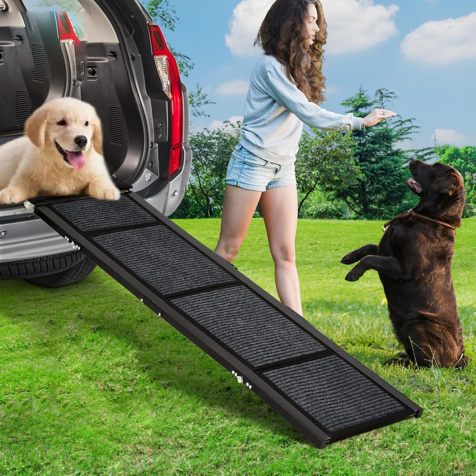 Garvee Portable Dog Car Ramp, 63"×17" Wide Folding Pet Ramp for Large Dogs with Non-Slip Surface Portable Dog Car Ramp for SUV Car, RVs & Truck, Outdoor Dog Ramp Up to 250 LBS