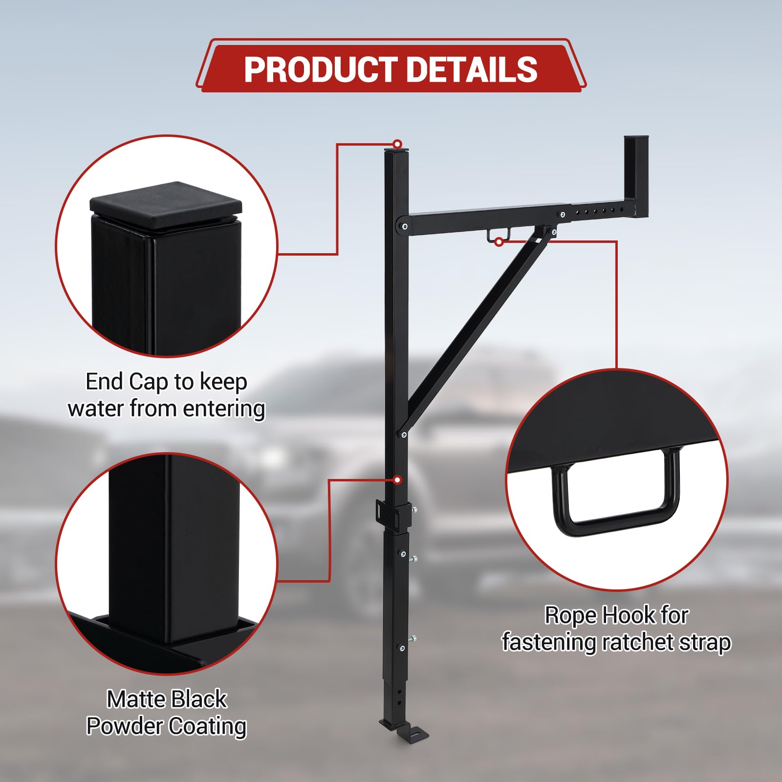 Garvee Adjustable Steel Truck Ladder Rack - 19-34in Width, 250lb Capacity, Non-Drilling Mount, Powder Coated, J-Bolt Clamps, Pickup Truck Bed