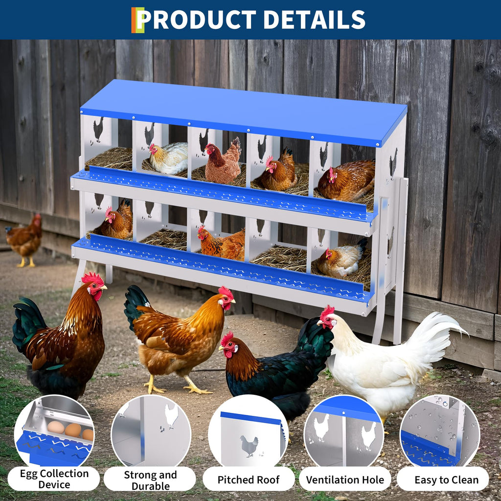 Garvee 10-Hole Bracket Legs Chicken Nesting Box Galvanized Steel Rustproof Automatic Egg Collection Ventilated Easy Install Wall or Freestanding for Chicken Coop Blue