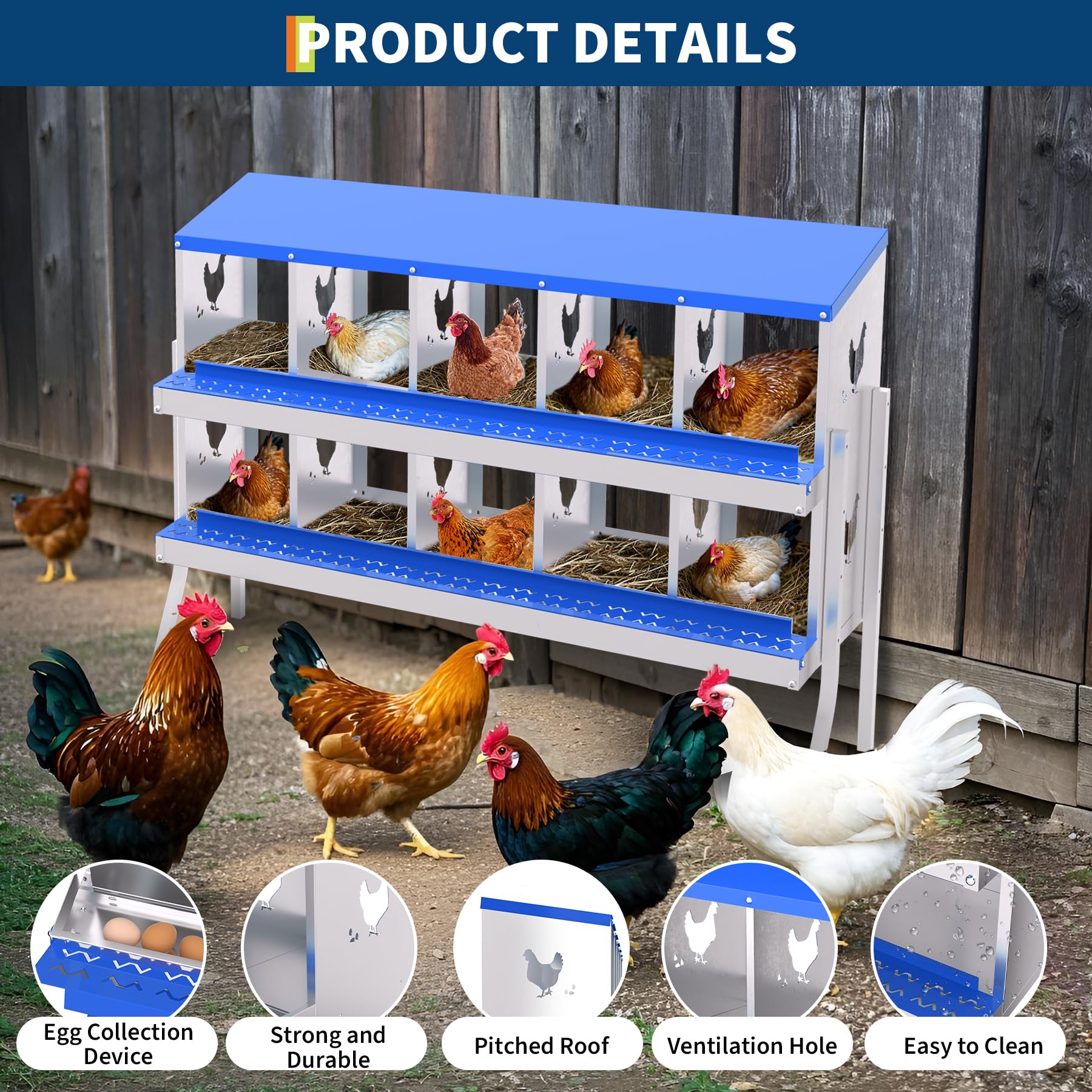 Garvee 10-Hole Bracket Legs Chicken Nesting Box Galvanized Steel Rustproof Automatic Egg Collection Ventilated Easy Install Wall or Freestanding for Chicken Coop Blue