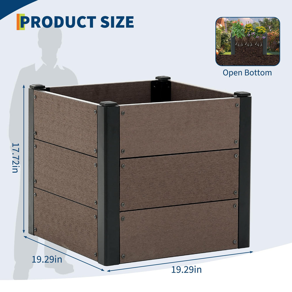 Garvee 19" × 19" × 17" Wood-Look Composite Raised Garden Bed, Open-Bottom Planter Box for Vegetables & Herbs, Brown