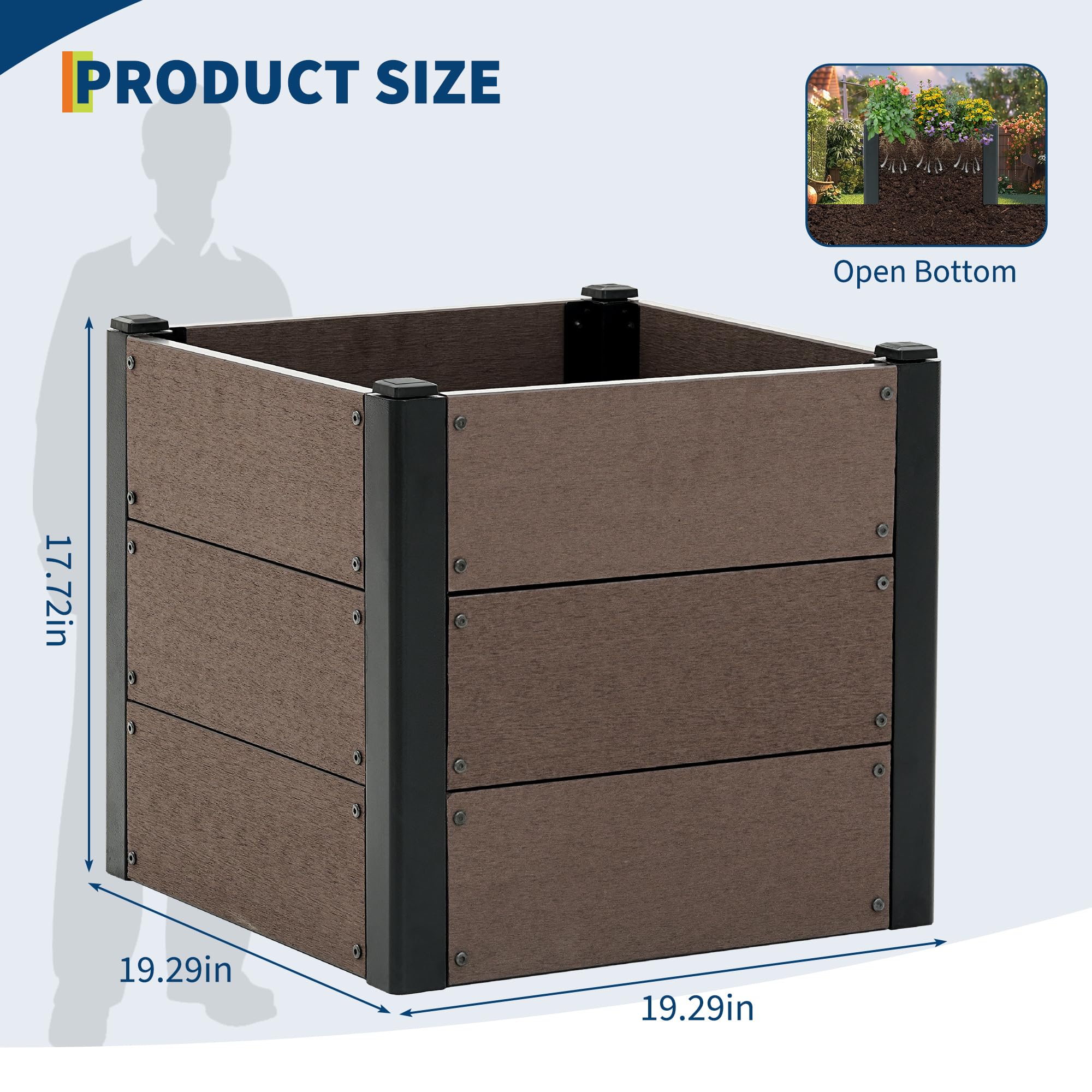 Garvee 19" × 19" × 17" Wood-Look Composite Raised Garden Bed, Open-Bottom Planter Box for Vegetables & Herbs, Brown