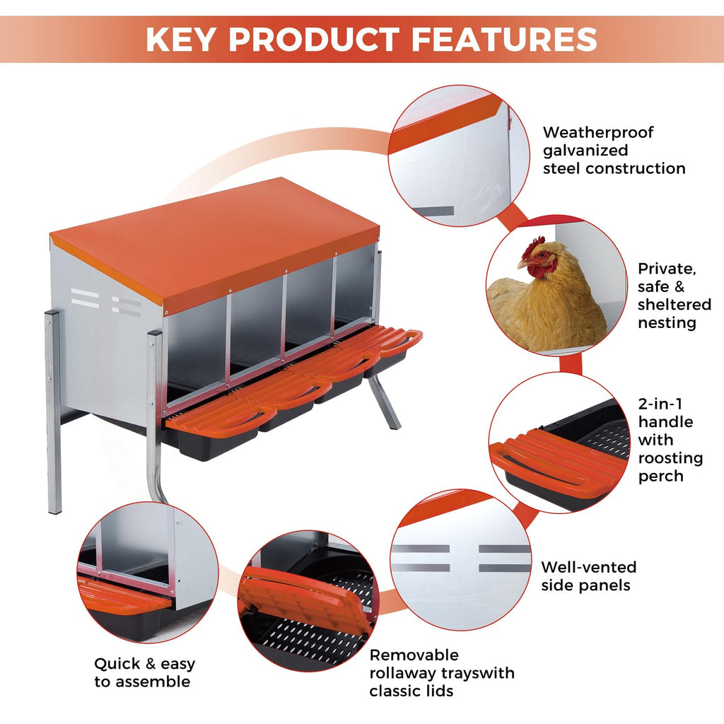 Garvee Heavy-Duty Metal Chicken Nesting Box for Easy Egg Collection - 4 Compartments with Removable Trays - Wall Mountable with Bracket Legs - Durable Poultry Coop Accessory, Orange Color, Four Grids + Bracket